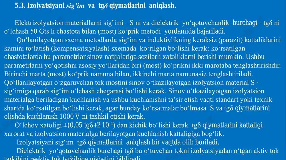 hlanish mostni yuqori sig‘imli yelkalariga toʻg‘ri keladi, chunki oʻzgaruvchan tokka qarshiligi (1/ωc) rezistorli yelka qarshiligiga qaraganda ancha katta. shuning uchun mostda katta kuchlanish borligiga qaramasdan r3 va s4 ni kattaliklarini oʻzgartirib xavfsizlikni ta’minlagan xolda mostni tenglashtirish mumkin. mostni tengligiga ikkala yelka toʻla qarshiliklari koʻpaytmalari tenglashganda erishiladi. yani: zxz4=zoz3 (1) sinalayotgan izolyatsion material sig‘imini ketma-ket ekvivalent ulanish yoʻli bilan oʻlchanayotgan boʻlsa: zx = rs - i *(1/ωcs); z0 = - i *(1/ωc0); z3 = r3 z4 = 1/(1/r4+iωc4) = r4(1- iωc4 r4)/1+(ωc4 r4) 2 endi qiymatlarni (1) ga olib borib qoʻyilsa (rs- i *1/ωcs) * r4(1- iωc4 r4)/1+(ωc4 r4) 2 = - i * (rs /ωc0) tenglamaning oʻng va chap tomonlarida boʻlish amalini va algebraik oʻzgarishlarni bajarib quyidagilarni olamiz: tgδ = ωcsrs = ωc4r4 cs = c0*( r4/r3) sinalayotgan izolyatsion material sig‘imini parallel ekvivalent ulanish yoʻli bilan oʻlchanayotgan boʻlsa: ekvivalent parallel ulanishda asosan sr-sig‘imni oʻlchanayotgan izolyatsion material sig‘imi sx sifatida olinadi.ekvivalent …