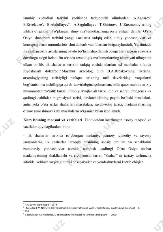 sha muallif. oʻzbekiston mustaqillikka erishish ostonasida. -t: oʻzbekiston, 2011.] [4: a.asqarov sapallitepa t.1973] [5: rtveladze.e.v. novыye drevnebaktrinskiye pamyatniki na yuge uzbekistana// baktriyskiye drevnosti – t. 1976.] [6: sagdullayev a.s va boshq. oʻzbekiston tarixi: davlat va jamiyat taraqqiyoti. t. 2000] kurs ishining maqsad va vazifalari. tadqiqotdan koʻzlangan asosiy maqsad va vazifalar quyidagilardan iborat: - ilk shaharlar tarixida roʻybergan madaniy, ijtimoiy iqtisodiy va siyosiy jarayonlarni, ilk shaharlar taraqqiy etishining asosiy omillari va sabablarini zamonaviy yondashuvlar asosida aniqlash ,qadimgi oʻrta osiyo shahar madaniyatining shakllanishi va rivojlanishi tarixi; “shahar” ni tarixiy tushuncha sifatida izohlash xaqidagi turli konsepsiyalar va yondashuvlarni koʻrib chiqish. qangʻ davlati tarixini arxeologik yodgorliklar orqali oʻrganish toshkent vohasidagilar dehqonchilik bilan juda qadimdan shugʻullanganlar. ohangarondagi burgʻonlik nomi bilan atalgan arxeologik obyektlarda olib borilgan qazilmalar natijasida toshdan yasalgan yer qazishda, chopishda ishlatiladigan qurol va jezdan yasalgan oʻroq topilgan. bu oʻz navbatida bu yerlarda yashovchi aholi oʻsha davrlarda (miloddan oldingi ix—iii asrlarda) dehqonchilik bilan shugʻullanganligidan …