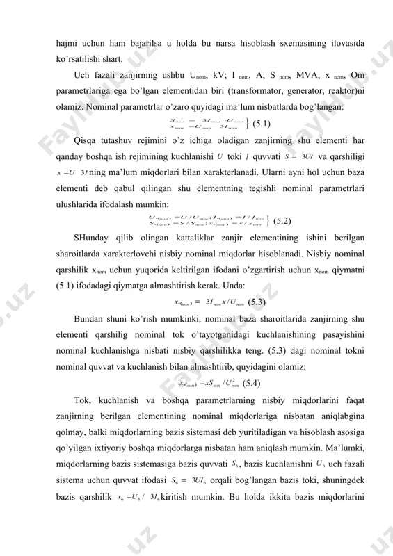ning nominal miqdorlariga nisbatan aniqlabgina qolmay, balki miqdorlarning bazis sistemasi deb yuritiladigan va hisoblash asosiga qo’yilgan ixtiyoriy boshqa miqdorlarga nisbatan ham aniqlash mumkin. ma’lumki, miqdorlarning bazis sistemasiga bazis quvvati , bazis kuchlanishni uch fazali sistema uchun quvvat ifodasi orqali bog’langan bazis toki, shuningdek bazis qarshilik kiritish mumkin. bu holda ikkita bazis miqdorlarini ixtiyoriy berish mumkin. odatda quvvat va kuchlanishni bazis qiymatini berib, ular orqali bazis tok va bazis qarshilik aniqlanadi. foydalanilgan adabiyotlar 1. draganov b.x., kuznetsov a.v. teplotexnika i primenenie teplot v selskom xozyaystve. m.: agropromizdat. 1990 2. nurmatov m.v. va bosh. issiqlik texnikasi. t.: o’qituvchi, 1998. 256 b. 3. iskandarov z.s. issiqlik texnikasi asoslari. t. mehnat, 2003. 188 b. 4. nashokin v.v. texnicheskaya termodinamika i teploperedacha. m.: vsshaya shkola. 1980 5. zaharov a.a. primenenie teplot v selskom xozyaystve. m.: agroproimzdat. 1985 _1227271208.unknown _1227272457.unknown _1227272890.unknown _1227272971.unknown _1227273118.unknown _1227272920.unknown _1227272869.unknown _1227271403.unknown _1227271936.unknown _1227271243.unknown _1227271175.unknown _1227271188.unknown _1227270984.unknown
