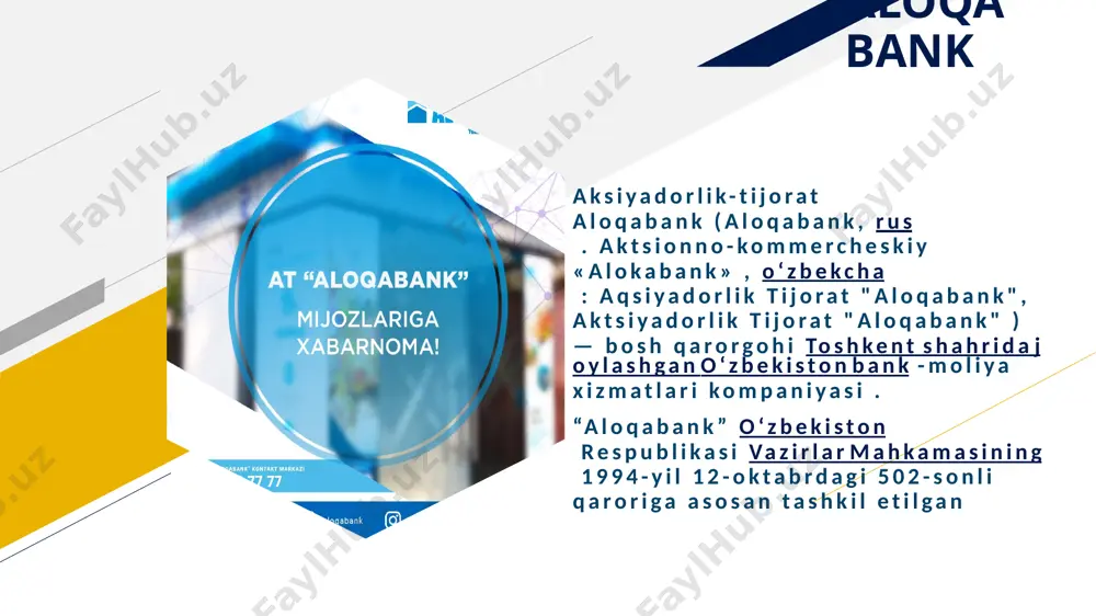 zimi o'zbekiston lizing beruvchilar uyushmasi. 6 fr 6 7 moliyaviy ko'rsatkichlar deloitte & touche kompaniyasi tomonidan audit qilingan ufrs hisobotiga ko'ra , 2015 yil yakuni bo'yicha jami aktivlar 1 188,4 mlrd . so'mni tashkil etdi ; sof foyda va o'z mablag'lari mos ravishda 29,0 va 173,8 mlrd. so'mni tashkil etdi. imtiyozli aksiyalarga to'g'ri keladigan daromad (2015) 114 so'mni tashkil etdi; oddiy aksiyaga to'g'ri keladigan daromad (2015) 27 so'mni tashkil etdi. 1-darajali kapitalning yetarlilik koeffitsienti = 16,26% regulyatsiya kapitalining yetarlilik koeffitsienti = 17,01% fr 8 aloqa bank "aloqabank" – oʻzbekistondagi aksiyadorlik tijorat banki. 1994-yil 12-oktabrda roʻyxatdan oʻtgan. toshkent shahrida joylashgan. qoraqalpogʻiston (nukus shahri), xorazm (urganch shahri) filiallari bor. respublikada asosan aloqa tarmogʻini qayta qurish va rivojlantirishga oid davlat dasturlarida ishtirok etadi, fan-texnika yutuqlarini rivojlantirishga koʻmaklashadi, davlat byudjetining kassa ijrosiga doir hisob-kitoblarni moliyalashtiradi, mijozlarga turli bank xizmatlar koʻrsatadi. aksiyadorlik kapitali summasi (mln. soʻm, 1997-yil 1-yanvar) 42,3, zaxira kapitali 10,5, berilgan kreditlar 136,9, …