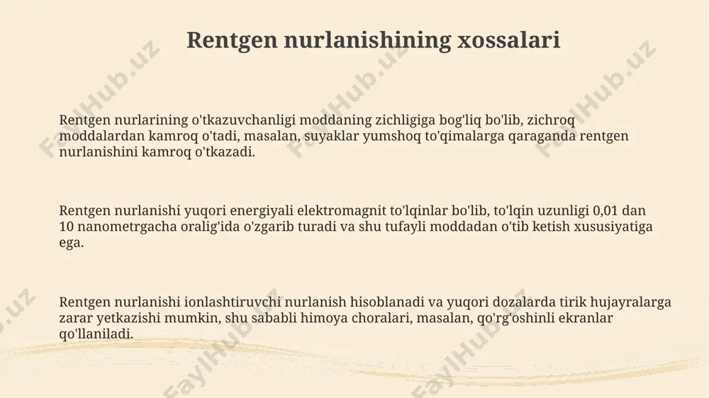 larning asosini tashkil qiladi. rentgen nurlari elektromagnit spektrining yuqori energiyali qismi boʻlib, toʻlqin uzunligi 0,01 dan 10 nanometrgacha oraligʻida boʻladi va yuqori chastotali elektromagnit toʻlqinlardir. rentgen nurlanishining energiyasi fotonlarning energiyasi bilan belgilanadi va kv (kilovolt) birliklarida oʻlchanadi, odatda 30 kv dan 150 kv gacha diapazonda boʻladi. sanoatda rentgen nurlarining qo‘llanilishi rentgen floresensiyasi spektroskopiyasi (rfs) usuli sanoatda 1 ppm dan yuqori konsentratsiyaga ega bo'lgan elementlarni aniqlash va kimyoviy tarkibni tahlil qilishda, masalan, qotishmalardagi qo'shimchalarni aniqlashda qo'llaniladi. yuqori energiyali rentgen nurlanishi yordamida metallar va qotishmalar ichidagi yoriqlar, defektlar kabi 0,1 mm dan kichik nuqsonlarni aniqlash va sifat nazoratini o'tkazish mumkin. sanoatda rentgen difraktometriyasi yordamida kristall tuzilmalarini tahlil qilish va materialning 10-100 nm oralig‘idagi fazalarini aniqlash mumkin, bu yangi materiallarni ishlab chiqarishda muhim ahamiyatga ega. xavfsizlik texnikasi va radiatsion himoya rentgen nurlanishining ta'siri 100 msv dan oshmasligi uchun, himoya vositalaridan (qo'rg'oshin apronlari, qo'lqoplar) va masofani saqlash orqali radiatsion dozani kamaytirish kerak. radiatsion xavfsizlikni …