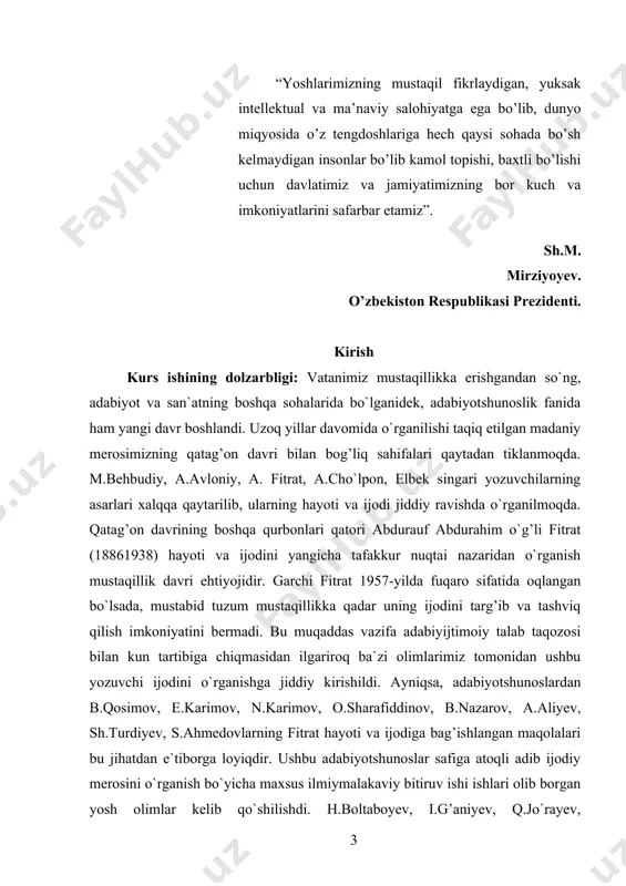 hlarini ifodalagan bu asarlarning fitrat ijodida egallagan o’rni juda katta. ushbu pyesalarni keng va atroflicha tadqiq qilib turib, nafaqat fitrat ijodini, balki, jadid adabiyotining 70-yillarda mustaqillik uchun olib borgan kurashlarni ham to`la tasavvur etish qiyin. mavzuning o`rganilish tarixi: milliy uyg’onish davri o`zbek adabiyotiga bo`lgan qiziqishni faqatgina mustaqillik davri bilan bog’lash to`g’ri bo`lmaydi. jadidlar ilk asarlari bilan jamoachilik nazariga tushgan edilar. shu bois, milliy uyg’onish davri o`zbek adabiyoti vakillari ijodini o`rganishga, ayniqsa, istiqlol davrida alohida e`tibor qaratildi. bizning malakaviy bitiruv ishimizning obyekti jadid asarlari va ularning yirik vakili bo`lmish fitratiing milliy istiqlol mavzuidagi dramalari bo`lgani uchun shu asarlarga bog’liq tadqiqot ishlari va maqolalar bilan chegaralashni lozim topamiz. fitrat «chin sevish» va «hind ixtilolchilari» dramalarini yozgunga qadar (19201922) katta ijodiy yo`lni bosib o`tdi. bu davrga kelib fitrat ijodida jadidchlikning bosh g’oyasi milliy istiqlol g’oyasi yetakchi o`ringa chiqdi. aytish mumkinki, mazkur dramalari bilan fitrat dunyoqarashi yana bir yuksak bosqichga ko`tarildi. fitratning dramalariga adabiy …