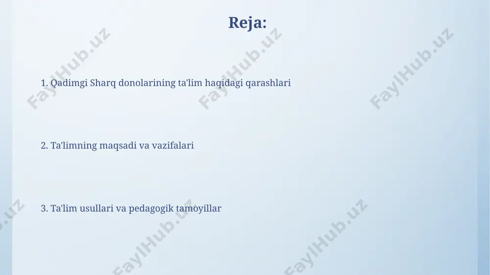 i sharq donolarining ta'limga bo'lgan qarashlari qadimgi sharq donolari, masalan, konfutsiy, 5 ta asosiy munosabatlarning (ota-ona, hukmdor-xalq va boshqalar) muvozanatini ta'lim orqali shakllantirishga e'tibor qaratganlar. al-farobiyning ta'lim tizimi 3 bosqichga bo'lingan: aqliy tarbiya, axloqiy tarbiya va amaliy ko'nikmalarni o'rgatish, bu esa har tomonlama yetuk shaxsni shakllantirishga qaratilgan. e'tiboringiz uchun rahmat @taqdimot_robot image4.png image5.jpg image6.jpg image7.jpg image8.jpg image9.jpg image3.jpeg