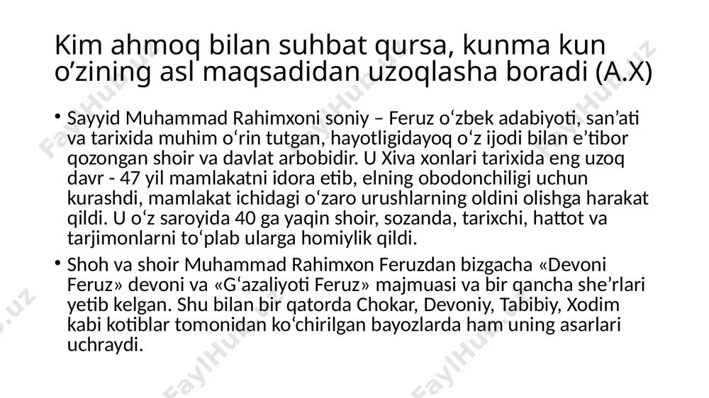 bir podshohning yoki podshohzodaning xotuni bola tug‘ishi zarur bo‘lsa, ko‘hna arkka kelib bola tug‘ishi shart bo‘lgan. shuning uchun ham muhammad rahimxon bobojonbekning otasi podshohzoda bo‘lg‘oni uchun farzandini tug‘ilgan joyi ko‘hna ark, deb aytildi”. bobojon to‘ra dastlabki boshlangich ta’limni saroy muallimlaridan oldi. keyinroq madrasada o‘z tahsilini davom ettirdi. muhammadrizo ogahiy yosh bobojon to‘raga she’riyat ilmidan, tarix va mantiqdan chuqur saboq berdi. shuning uchun unda tarix va she’riyatga bo‘lgan qiziqish baland edi, yoshligidan kitobga ixlos qo‘ydi, aksar vaqtlarni kitob o‘qishga bag‘ishladi. ustozi ogahiy bo‘lajak shoir haqida yozar ekan, uning ayni yigitlik ayyomida behuda ishlarga mashg‘ul bo‘lmay, besh vaqt namozni mukammal ado etgani, farz va sunnat ibodatlarini intihosiga yetkazgandan keyin “ma’nidonliq ishiga mashg‘ul bo‘lib, har turluk kitobni mutolaa” qilishga odatlanganini alohida e’tirof etadi. ayniqsa, yosh shahzodaning vazmin holda qur`oni karimni qiroat bilan o‘qishi saroy ahlini hayratga solar edi. shu vaqtda saroyda "bo‘lajak bola boshidin" degan iborani yosh bobojonga nisbatan qo‘llashar edi. 1863-yilda xivaga …