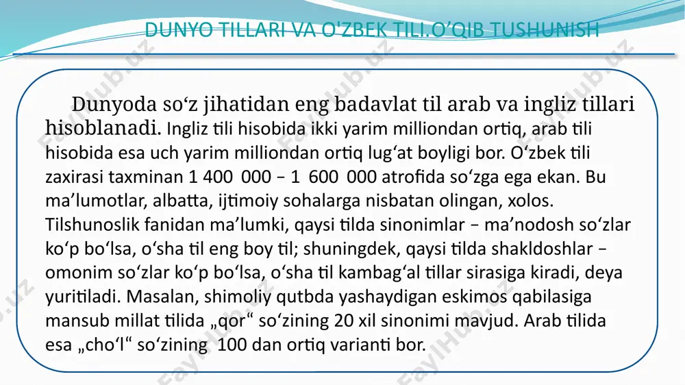 gan so‘zlar:_________________________________ _______________________________________________________________ e) rus tili orqali kirib kelgan so‘zlar:____________________________________ ________________________________________________________________ ________________________________________________________________ nazariy ma'lumot.axborotlar bilan ishlash kompetensiyasi barcha tillar yashab qolish darajasi nuqtayi nazaridan quyidagicha tasnif qilinadi: 1) xavfsizligi ta’minlangan tillar: ingliz, xitoy, ispan, nemis, yapon, fransuz, arab tillari; 2) ehtiyottalab tillar: belorus, yoqut, chechen, tuva tillari; 3) o‘lim xavfiga yaqinlashayotgan tillar: chukot, karel, qalmiq, udmurd tillari; 4) o‘lim xavfiga duch kelgan tillar: aleut, ters-saam, itelmen tillari; 5) o'layotgan tillar: ayn tili, yuka (gir) tili, ubix tili. tillarning xavfsizligi alifbo-imloga, ko‘p sonli so‘zlashuvchilarga va davlat tili maqomiga egalik hamda axborot-kommunikatsiyalar sohalari, internet tili ekanligi bilan ta'minlanadi. 3-topshiriq testlarni yeching. javobingizni izohlang. i. berilgan fikrdagi o‘zlashma antonim so‘zlarni toping: jamiyatga optimistlar ham, pessimistlar ham hissa qo‘shadi. optimist samolyotni o‘ylab topgan bo‘lsa, pessimist parashutni ixtiro qilgan. (b. shou) a. samolyot – parashut b. optimist – pessimist c. o‘ylab topgan – ixtiro qilgan d. bu gapda antonim so‘zlar yo‘q ii. o‘zbek tilidan boshqa …