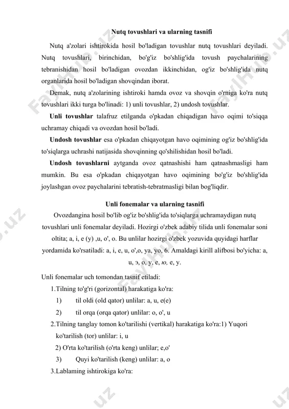 unlilar: a, o 3. lablaming ishtirokiga ko'ra: 1) lablangan unlilar: u, o', o; 2) lablanmagan unlilar: a, e, iunli fonemalar o'zining quyidagi muhim belgilari bilan undoshlardan farq qiladi. 1) unlilar faqat un(ovoz) dan hosil bo'ladi: 2) og'iz bo'shlig'ida to'siqlarga uchramaydi; 3) un paychalaro tebranadi; 4) og'iz ochilishi darajasi har xil bo'ladi; 5) ohangdor bo'ladi; 6) unlilarni cho'zib talaffuz qilish mumkin va boshqalar.har bir til o'ziga xos unlilar tizimiga ega. tildagi unlilar tizimi vokalizm (lat. vokalis - ovozi) deyiladi. unli va undosh tovushlar o'zaro niunosabatda bo'ladi, ammo ularning qaysi biri yetakchi hisoblanadi? bu savolga shunday javob qilish mumkin: aslida til uchun ularning har ikkalasi ham teng qimmatga ega, ular tilning asosiy birligi so'zlarni hosil qilishda bir xil xizmat qiladi. lekin nutq jarayonida unlilar undoshlarga nisbatan salmoqli o'rin tutadi. bu esa unlilarning ovozdorligi bilan belgilanadi. o'zbek tilidagi unli tovushlarni jadvalda quyidagicha tasvirlash mumkin: tilning to'g'ri (gori-zontal)harakatiga ko'ra tilning ko'tarilish (vertikal) harakatiga ko'ra …