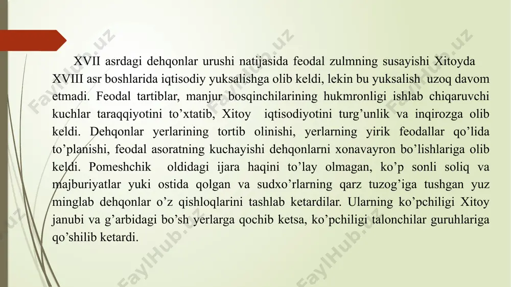 o'zini bu dinning paygambari, deb e'lon qildi. 1850 yilda xun sinlarga qarshi guansida qo'zg'olon uyushtirdi. qo'zg'olonchilarni ijtimoiy tarkibi turli xil bo'lib, unda dehqoniar, ishchilar, hunarmandalr, savdogorlar qatnashdi. qo'zg'olonchilar boshlariga qizil peshonabog taqib olganliklari uchun bu qo'zg'olon «qizil peshonaboglilar» qo'zg'oloni, deb ham ataladi. taypinlar qo'zg'oloni (1850-1864 yy) afyun urushi va uning oqibatlari xalq ommasining ahvolini yanada ogirlashtirdi. xitoyga afyun kiritish sur'atlari tez o'sdi. tashqi savdodagi daromad xitoy qo'shinini chetda qolib ketishiga sabab bo'ldi. natijada mis tangaga nisbatan kumish yuan (pul birligi) ning kursi oshib ketdi. bu quyi xalq omassining ayniqsa dehqonlarning ahvolini ogirlashivuga olib keldi. ijtimoiy ziddiyatlar keskinlashib. xitoyning janubiy provintsiyalarida xalqning norozilik harakatlari kuchaydi, guandun va guansi provintsiyalarida dehqonlarning qo'zg'olonlari ko'tarildi. bu provintsiyalar asr o'rtalarida ko'tarilgan qo'zg'olonning o'chog'iga aylandi, bu voqealar tarixga «taypinlar qo'zg'oloni» nomi bilan kirdi. taypinlar qo'zg'oloniga o'qituvchi xun syutsyuan (1814-1864) boshchilik qildi. xun syutsyuan. xun sguansi viloyatida qo’zg’olonni boshladi. qo’zg’olonda dehqonlar, hunarmandlar, savdogarlar, qullar ishtirok etdi. “bayshandixoy” …