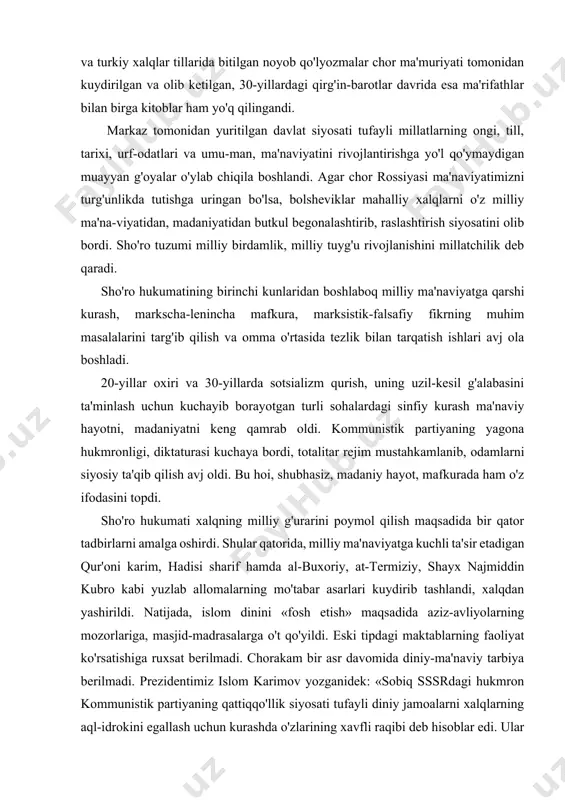 an iborat uzun eshelonlarda chor rossiyasiga olib ketiladigan bo'ldi. o'rta osiyoning yer osti va yer usti boyliklari rusiya imperiya-sining asosiy xomashyo bazasiga aylandi. turkiston general gubernatori fon kaufman imperatorga yo'llagan maktublarining birida istilo o'rta osiyo xalqla-rining madaniyatini, ijtimoiy taraqqiyotini 300 yilga orqaga surib yuborganhgi to'g'risida maqtanib yozgan. inqilobdan awal masjid, maktab, madrasalarda o'qish chegaralangan, arab, fors, tojik va turkiy xalqlar tillarida bitilgan noyob qo'lyozmalar chor ma'muriyati tomonidan kuydirilgan va olib ketilgan, 30-yillardagi qirg'in-barotlar davrida esa ma'rifathlar bilan birga kitoblar ham yo'q qilingandi. markaz tomonidan yuritilgan davlat siyosati tufayli millatlarning ongi, till, tarixi, urf-odatlari va umu-man, ma'naviyatini rivojlantirishga yo'l qo'ymaydigan muayyan g'oyalar o'ylab chiqila boshlandi. agar chor rossiyasi ma'naviyatimizni turg'unlikda tutishga uringan bo'lsa, bolsheviklar mahalliy xalqlarni o'z milliy ma'na-viyatidan, madaniyatidan butkul begonalashtirib, raslashtirish siyosatini olib bordi. sho'ro tuzumi milliy birdamlik, milliy tuyg'u rivojlanishini millatchilik deb qaradi. sho'ro hukumatining birinchi kunlaridan boshlaboq milliy ma'naviyatga qarshi kurash, markscha-lenincha mafkura, marksistik-falsafiy fikrning muhim masalalarini …