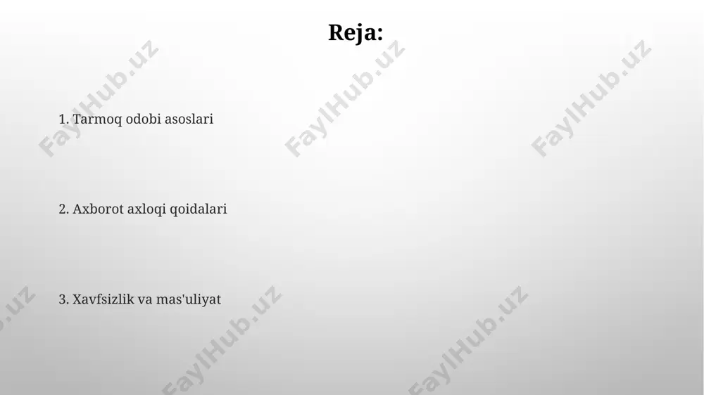 xavflarini kamaytirishga yordam beradi. tarmoq odobiga rioya qilish, 100 dan ortiq foydalanuvchi bo'lgan onlayn jamoalarda samarali hamkorlik va 20% ga yaqin muammolarni oldini olishga yordam beradi. axborot axloqi tushunchasi axborot axloqi, ma'lumotlarning 3 ta asosiy prinsipini – to'g'rilik, shaffoflik va javobgarlikni o'z ichiga oladi, bu esa axborot resurslaridan foydalanishda 10 ta qoidaga rioya qilishni talab qiladi. axborot axloqini rioya qilish, internetda 2 ta turdagi firibgarlik – moliyaviy va shaxsiy ma'lumotlar o'g'irlashning oldini olishga yordam beradi va kiberxavfsizlikning 5 darajali tizimini mustahkamlaydi. onlayn muloqot madaniyati onlayn forumlarda yoki ijtimoiy tarmoqlarda kamida 3 marta o'qib chiqib, fikr bildirish, matnning aniqligi va hurmatli munosabatni ta'minlashga yordam beradi. onlayn muloqotda 70% dan ortiq muloqot nonverbal bo'lib, emotsional holatni ifodalash uchun smiliklar va boshqa ikonkalardan foydalanish muhim ahamiyatga ega. e'tiboringiz uchun rahmat @taqdimot_robot image3.png image4.jpg image5.jpg image6.jpg image7.jpg image8.jpg image9.jpg image10.jpg image1.png