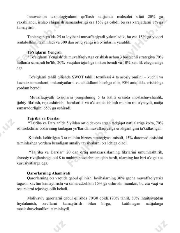 yangi ish o'rinlarini yaratdik. to'siqlarni yengish "to'siqlarni yengish"da muvaffaqiyatga erishish uchun 3 bosqichli strategiya 70% hollarda samarali bo'lib, 20% vaqtdan tejashga imkon beradi va 10% xatolik chegarasiga ega. to'siqlarni tahlil qilishda swot tahlili texnikasi 4 ta asosiy omilni – kuchli va kuchsiz tomonlarni, imkoniyatlarni va tahdidlarni hisobga olib, 90% aniqlikka erishishga yordam beradi. muvaffaqiyatli to'siqlarni yengishning 5 ta kaliti orasida moslashuvchanlik, ijobiy fikrlash, rejalashtirish, hamkorlik va o'z ustida ishlash muhim rol o'ynaydi, natija samaradorligini 65% ga oshiradi. tajriba va darslar “tajriba va darslar”da 5 yildan ortiq davom etgan tadqiqot natijalariga ko'ra, 70% ishtirokchilar o'zlarining tanlagan yo'llarida muvaffaqiyatga erishganligini ta'kidlashgan. kitobda keltirilgan 3 ta muhim biznes strategiyasi misoli, 15% daromad o'sishini ta'minlashga yordam beradigan amaliy tavsiyalarni o'z ichiga oladi. “tajriba va darslar” 20 dan ortiq mutaxassislarning fikrlarini umumlashtirib, shaxsiy rivojlanishga oid 8 ta muhim bosqichni aniqlab berdi, ularning har biri o'ziga xos xususiyatlarga ega. qarorlarning ahamiyati qarorlarning o'z vaqtida qabul qilinishi …