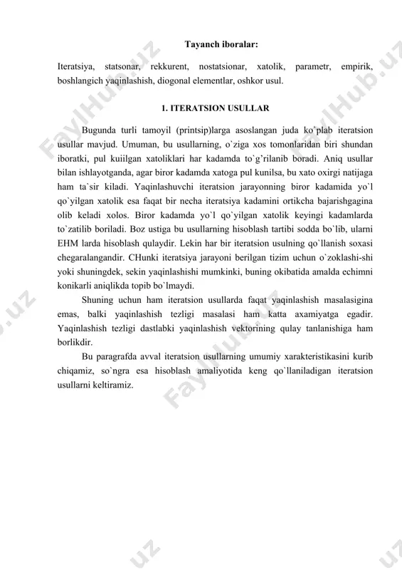 echimiga yaqinlashish tezligini oshirishda foydalanish mumkin. (3.17) iteratsion formula yordamida navbatdagi yk+1 yaqinlashishni topish ushbu bk+1 yk+1 = fk+1 (3.18) tenglamalar tizimini echishni talab etadi. bunda fk+1 = (bk+1 - (k+1 a) yk + (k+1 f shunday hisoblashni kar bir kadamda bajarishga turri keladi. bk+1 matritsa sifatida birlik bk+1 = e matritsa olsak, iteratsion ketma-ketlik xadlarini hisoblash uchun eng sodda tarxga ega bula-miz. bu xolda (3.17) formula ketma-ketlikning navbatdagi yk+1 xadini uning avvalgi yk xadi orqali oshkor ifodalash imkonini beradi: yk+1 = yk - (k+1 a yk+1 + (k+1 f (3.19) ana shunday rekkurent formulaga asoslangan iteratsion usullar oshkor usullar deyiladi. oshkormas usullar (bk+1 (e orasida bk+1 matritsani uchburchakli kilib tanlanadigan usullar eng ko`p tarqalgan. bu kolda navbatdagi yk+1 iteratsiyani topish uchun yk+1 ning komponentlarini (3.18) uchburchakli tizimdan birin-ketin gauss usulining teskari yurishiga kilinganidek topishga keltiriladi. qandaydir iteratsion usulning qo`llanishi {yk} ketma-ketlik tizimning x echimiga yaqinlashishni bildiradi: (3.20) (3.20) tenglik …
