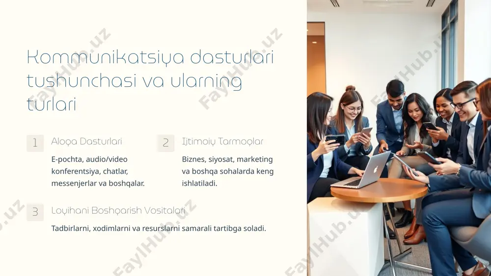 damida ma'lumotlarni tasvirlash. tahlil ma'lumotlarni o'rganish va qaror qabul qilish uchun foydalanish. 7 natijalar va xulosalar kommunikatsiya va ma'lumotlarni boshqarish dasturlari biznesimizni osonlashtirish, samaradorligimizni oshirish va qaror qabul qilishimizni yaxshilash uchun muhim vositalardir. ulardan unumli foydalanish orqali biz raqobatchilarimizdan ustun bo'la olamiz. 8 image1.png image2.png image3.png image4.png image5.png image6.png image7.png image8.png image9.png image10.png image11.png image12.png image13.png image14.png image15.png