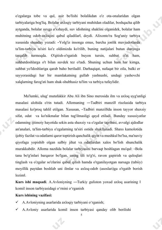 ing asosiy ko`zlagan maqsadi millat kelajagi bo`lgan bolalarni boshlang`ich sinfdanoq qisqacha bo`lsada islom tarixi bilan tanishtirish, diniy ma`rifatlarni oshirish, ularning qalblariga iymon nurini singdirish bo`lgan. abdulla avloniyning bu asari tahsinga sazovordir. u o`zbek xalqi madaniyati, ma`rifati bilan bir qatorda qo`shni afg`on xalqi ijtimoiysiyosiy hayotidа ham 1919-1920-yillarda muhim ro‘l o`ynagan. sho`ro hukumatining afg`onistondagi siyosiy vakili va konsuli vazifasini bajargan. abdulla avloniy asarlar yozish bilan bir qatorda maktablar ochish, xalqni savodxon qilishi, o`zbeк xotin-qizlarini o`qitish, o`qituvchilar va ziyoli kadrlar tayyorlash bilan shug`ullanadi. u 1923-24-yillarda eski shahardagi xotin-qizlar va erlar maorif bilim yurtlari mudiri, 1924-29-yillarda toshkent harbiy maktabida o`qituvchi, 1925-34-yillarda o`rta osiyo kommunistik universiteti, o`rta osiyo qishloq xo`jaligi maktabida, o`rta osiyo davlat universitetida dars beradi. pedagogika fakultetining til va adabiyot kafedrasi professori va mudiri bo`lib ishladi. u 1933-yilda o`zbek maktablarining 7-sinfi uchun ―adabiyot xristomatiyasi‖ tuzib, nashr ettirdi. abdulla avloniy ―hijron‖, ―nabil‖, ―indamas‖, ―shuhrat‖, ―tang-riquli‖, ―surayyo‖, ―shapaloq‖, ―chol‖, ―ab‖, ―chig`aboy‖, ―abdulhaq‖ taxalluslari bilan tanqidiy …