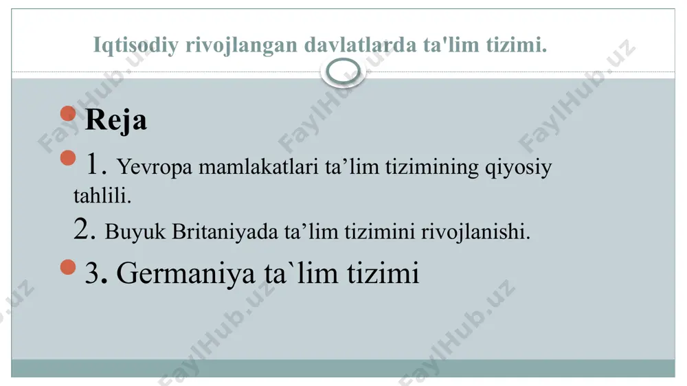 o’yilgan asosiy talab o’quvchilarga ifodali o’qish, yozish, hisoblash malakasini berishdan iboratdir. fransiya ta’lim muassasalarida ta’lim olayotgan chet el fuqaroligiga mansub kishilarning farzandlariga ularning vatani, xalqi, tarixi, tili va adabiyotini o’rganish uchun fakultativ kurslar tashkil etish ham ko’zda tutilgan. boshlang’ich sinflarda o’qish muddati 5 yil bo’lib, shu muddat ichidagi o’qish asosan 3 bosqichga bo’linadi: — tayyorlov bosqichi — 1 yilga mo’ljallangan. bunda bolalar hisoblashga, o’qish va yozishga, kuylashga, o’ylashga, tabiat manzaralarini tomosha qilishga va undan bahra olishga, jismoniy mashqlar bilan mashg’ul bo’lishga, maktabning turli sport tadbirlarida ishtirok etishga, musiqaga, mehnat qilishga o’rgatiladilar. o’quvchilar 11 yoshda boshlang’ich maktabni tugallab o’rta maktabga o’tadilar. o’rta ta’lim esa kollejlar va litseylarda amalga oshiriladi. o’rta ta’lim ikki bosqichda beriladi. birinchi bosqich (11 yoshdan 15 yoshgacha) 4 yil bo’lib, eng kichik sinf 6-sinf, 5, 4 o’rta, 3-sinf esa katta sinf hisoblanadi. demak, sinflarni raqamlash yuqoridan pastga qarab amalga oshiriladi. birinchi bosqichda quyidagi predmetlar o’rgatidi frantsuz tili va …
