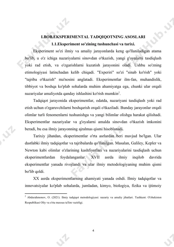 lar ijtimoiy psixologiya, iqtisodiyot va siyosat sohalarida keng qo'llaniladi. hozirgi kunda eksperimentlarni o'tkazish uchun zamonaviy texnologiyalar va metodologiyalar ishlab chiqilgan. kompyuter simulyatsiyalari, ma'lumotlarni tahlil qilish vositalari va statistik metodlar eksperimentlarni yanada samarali o'tkazishga yordam beradi. shuningdek, internet va raqamli platformalar orqali masofaviy eksperimentlar o'tkazish imkoniyatlari paydo bo'lgan, bu esa tadqiqotlarni yanada kengaytirish imkonini beradi. eksperimentlar natijalari ilmiy jurnallarda chop etiladi, bu esa ilmiy hamjamiyatda bilim almashish va yangi tadqiqotlar uchun asos bo'lib xizmat qiladi. natijalar doimo qayta ko'rib chiqiladi va yangi tadqiqotlar bilan taqqoslanadi, bu esa ilm-fanning rivojlanishiga hissa qo'shadi. shu bilan birga, eksperimentlar o'tkazishda etik jihatlar ham muhim ahamiyatga ega. tadqiqotchilar insonlar yoki hayvonlar ishtirok etadigan eksperimentlarni o'tkazishdan oldin etika qoidalariga rioya qilishlari zarur. bu, odamlarning huquqlarini himoya qilish va tadqiqotlarning xavfsizligini ta'minlash uchun muhimdir.eksperiment so'zi ilmiy jarayonlarning ajralmas bir qismi bo'lib, u yangi bilimlar olish va nazariyalarni sinovdan o'tkazishda muhim rol o'ynaydi. tarixiy jarayonlarda eksperimentlar doimo rivojlanib, zamonaviy …