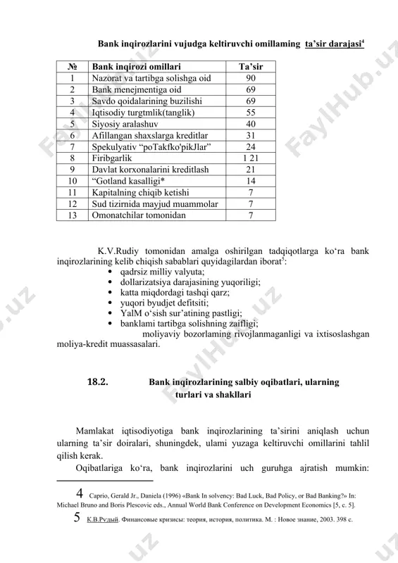 atlarda bank inqirozlari neft va boshqa asosiy eksport tovarlari narxining tushib ketishi bilan bogliqdir. shuningdek, bank inqirozlarini keltirib chiqarishda ronald reygan ma’muriyatining qat’iy inflyatsiyaga qarshi siyosati sharoitida g‘arb marnlakatlari tomonidan tashqi qarzlarga xizmat ko'rsatish boyicha foiz stavkalarining keskin oshishi ham muhim rol oynadi. foiz stavkalarining keskin oshishi va milliy valyutalaming keskin devalvatsiyasi banklar tolovga layoqatsizligining kelib chiqishiga sabab boldi. savdo qoidalarining buzilishi. mazkur holat bank inqirozlarini boshidan kechirgan deyarli barcha mamlakatlarda kuzatildi. eksport tarkibida asosiy o‘rin egallovchi moddalar boyicha narxlaming keskin tushishi eksport qiluvchi korxonalar va ularga xizmat ko‘rsatuvchi banklar faoliyatiga jiddiy salbiy ta’sir ко‘r sat di. xorijiy investitsiyalami jalb etishda moliviy bozorlami liberalizatsiyalash. mazkur holatning barcha ijobiy tomonlarini hisobga olgan holda у ana shuni takidlash mumkinki, lotin amerikasi (80-90 yillaming birinchi yarmi) va janubiy-sharqiy osiyo (1997-1998 yy.) marnlakatlari tajribasi shuni kotsatadiki, qisqa muddatli spekulyativ pullar va portfel investitsiyalar moliyaviy tizimning foiz stavkalari va valyuta kurslari tebranishlariga bolgan ta’sirchanligini oshiradi. …