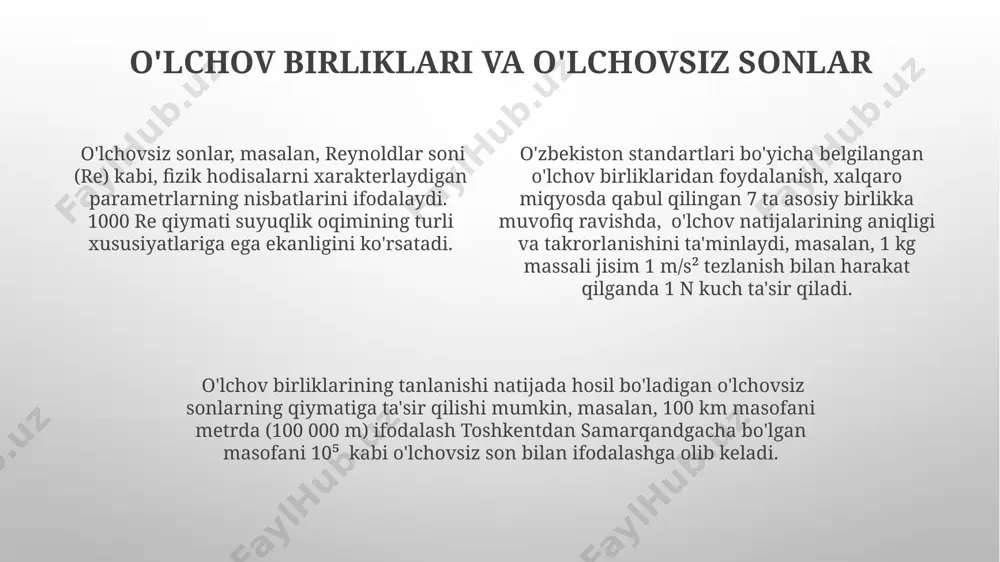 tip o'rtasidagi geometrik o'xshashlik 1:5 masshtabida, masalan, 10 metrli prototip modeli 2 metr bo'ladi va bu o'xshashlik nisbati barcha geometrik o'lchamlarga, shu jumladan, toshkentdagi bino balandligiga ham qo'llaniladi. kinematik o'xshashlik kinematik o'xshashlik shartlarini qondirgan holda, 50 km/soat tezlikda harakatlanayotgan avtomobilning harakatini 1:10 masshtabda modellashtirish mumkin, bu esa 5 km/soat tezlikdagi modelni talab qiladi, toshkentdagi shamol tunnel sinovlaridan olingan ma'lumotlarga ko'ra. kinematik o'xshashlik nazariyasi, farg'ona vodiysidagi gidravlik inshootlarni loyihalashda, suv oqimining 0.1 m/s tezlikdagi miniatyura modeli yordamida 10 m/s haqiqiy tezlikni bashorat qilishga imkon beradi. kinematik o'xshashlik modeli 2 o'lchovli tekislikda harakatlanuvchi 3 ta moddiy nuqtaning tezliklarini va ularning 10 sekund davomida bosib o'tgan masofalarini taqqoslash orqali samarqand shahridagi tajriba natijalariga asoslanadi. o'xshashlik mezonlari oʻxshashlik mezonlari, froude soni (fr) kabi, suyuqlikdagi toʻlqin harakatlarini oʻrganishda, masalan, 0.5 dan kam qiymatlarda toʻlqinlarning tarqalish tezligini tahlil qilishda, andijonda qurilgan suv omborlarining loyihalashda qo'llaniladi. reynoldson soni (re) kabi oʻxshashlik mezonlari suyuqlik dinamikasida 500 dan yuqori …
