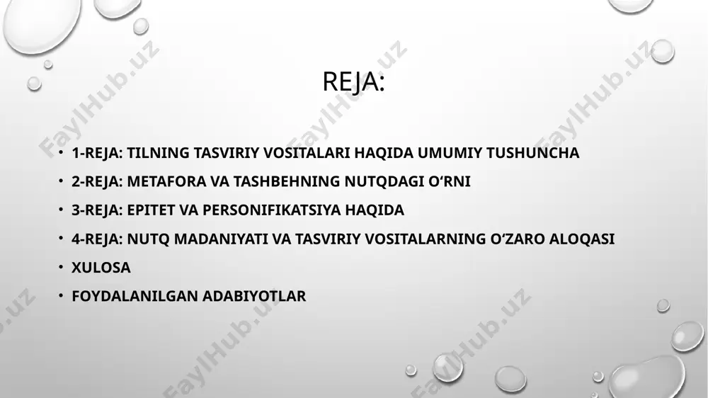 o‘quvchilarga tushuntirib, ularni yozma va og‘zaki nutqda qo‘llashga o‘rgatishlari lozim. bu nutq madaniyatini oshirishda muhim ahamiyatga ega. 4-reja: nutq madaniyati va tasviriy vositalarning o‘zaro aloqasi nutq madaniyati – bu til va muloqot qoidalariga rioya qilish, to‘g‘ri, ravon va ta’sirchan nutq yuritish san’atidir. tilning tasviriy vositalari nutq madaniyatining muhim tarkibiy qismi hisoblanadi. ular yordamida nutq yanada boy, obrazli va ta’sirchan bo‘ladi. nutq madaniyati yuqori bo‘lgan odam nutqning uslubiy va badiiy vositalarini yaxshi bilib, ularni joyida va maqsadga muvofiq qo‘llay oladi. o‘qituvchi nutq madaniyati va tasviriy vositalarni o‘rgatish orqali o‘quvchilarning til madaniyati va ijodiy qobiliyatlarini rivojlantiradi. xulosa: nutq madaniyati va tilning tasviriy vositalari bir-biri bilan chambarchas bog‘liqdir. tasviriy vositalarni samarali qo‘llay bilish nutq madaniyatining darajasini ko‘rsatadi. o‘quvchilar bu vositalarni o‘rganganida, ularning nutqi yanada boy va mazmunli bo‘ladi. o‘qituvchi bu sohada bilimlarni tizimli ravishda berishi natijasida til madaniyati oshadi va o‘quvchilar ma’naviy jihatdan boyib boradi. shunday qilib, nutq madaniyati va tilning tasviriy vositalari …