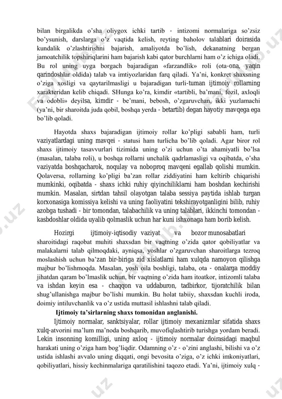 - norma; o’quvchining o’qituvchi bergan topshiriqlarni bajarishi lozimligi - norma; xotinning er hurmatini o’rniga qo’yishi, qaynonaga gap qaytarmaslik - norma; avtobusda yoki boshqa jamoat transportida kichikning kattalarga, nogironlarga o’rin bo’shatishi – norma, va hakozo. bu normalarni ayrim - alohida odam ishlab chiqmaydi, ular bir kun yoki bir vaziyatda ham ishlab chiqilmaydi. ularning paydo bo’lishi ijtimoiy tajriba, hayotiy vaziyatlarda ko’pchilik tomonidan e’tirof etilganligi fakti bilan xarakterlanadi, har bir jamiyat, davr, millat va ijtimoiy guruh psixologiyada muhrlanadi. ijtimoiy normalarning u yoki bu davrda, u yoki bu toifa vakili bo’lmish shaxs tomonidan qay darajada bajarilishi yoki unga amal qilinayotganligi ijtimoiy sanktsiyalar orqali nazorat qilinadi. ijtimoiy sanktsiyalar - normalarning shaxs xulqida namoyon bo’lishini nazorat qiluvchi jazo va rag’batlantirish mexanizmlari bo’lib, ularning borligi tufayli biz har bir alohida vaziyatlarda ijtimoiy xulq normalarini buzmaslikka, jamoatchilikning salbiy fikri ob’ektiga aylanib qolmaslikka harakat qilamiz. masalan, yuqoridagi misolda, agar jamoat transportida katta muysafid kishiga o’rin bo’shatishni norma deb qabul …