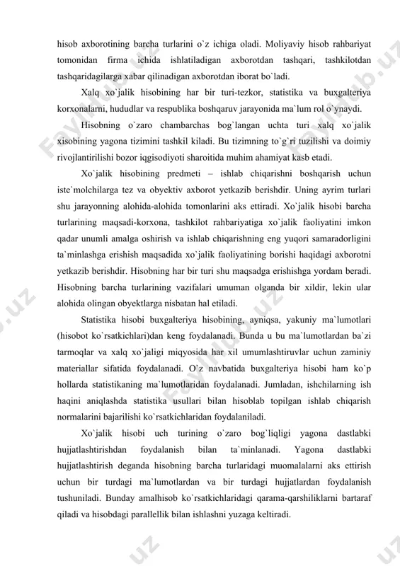 adi. bunda u bu ma`lumotlardan ba`zi tarmoqlar va xalq xo`jaligi miqyosida har xil umumlashtiruvlar uchun zaminiy materiallar sifatida foydalanadi. o`z navbatida buxgalteriya hisobi ham ko`p hollarda statistikaning ma`lumotlaridan foydalanadi. jumladan, ishchilarning ish haqini aniqlashda statistika usullari bilan hisoblab topilgan ishlab chiqarish normalarini bajarilishi ko`rsatkichlaridan foydalaniladi. xo`jalik hisobi uch turining o`zaro bog`liqligi yagona dastlabki hujjatlashtirishdan foydalanish bilan ta`minlanadi. yagona dastlabki hujjatlashtirish deganda hisobning barcha turlaridagi muomalalarni aks ettirish uchun bir turdagi ma`lumotlardan va bir turdagi hujjatlardan foydalanish tushuniladi. bunday amalhisob ko`rsatkichlaridagi qarama-qarshiliklarni bartaraf qiladi va hisobdagi parallellik bilan ishlashni yuzaga keltiradi. xo`jalik hisobi ustidan rahbarlik qilish iqtisodiyot vazirligi va statistika davlat qo`mitasiga yuklangan. buxgalteriya hisobiga uslubiy rahbarlik qilish o`zbekiston respublikasi moliya vazirligiga yuklatilgan. xo`jalik hisobining har xil turlari va uning butun tizimi uzluksiz rivojlanib boradi. dastlabki ma`lumotlarni yig`ish, texnikasi, ishlash uslublari yaxshilanib bormoqda. shuni ta`kidlash lozimki, xalqaro standartlariga javob beradigan va bozor iqtisodiyoti xususiyatlariga mos keladigan hisobning yangi tizimini ishlab chiqishda, …