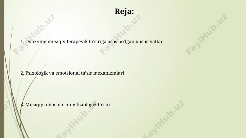 ati ritm va tempning muayyan kombinatsiyasi (masalan, 4/4 va 120 urish/daqiqada) miyani alfa to‘lqinlari hosil qilishga undab, meditatsiya holatini yaratishga yordam beradi. tempo o‘zgarishi, masalan, asta-sekin tezlashish yoki sekinlashish, hissiy holatni boshqarish va kayfiyatni yaxshilashda muhim rol o‘ynaydi, 70% hollarda ijobiy natijalar kuzatiladi. ovozning musiqiy-terapevik taʼsiriga asos boʻlgan fizik xususiyatlar musiqiy tovushlarning intensivligi (db) va toʻlqin shakli, yaʼni sinusoidal yoki murakkab toʻlqinlarning musiqiy terapiyaning samaradorligiga taʼsir koʻrsatadi. yuqori intensivlikdagi tovushlar stressni keltirib chiqarishi mumkin. ovozning tembri, yaʼni uning garmonik tarkibi, turli musiqiy asboblarning ovozlari yoki inson ovozining xususiyatlariga qarab 500-4000 hz oraligʻidagi chastotalarning miya faoliyatiga taʼsiri bilan bogʻliq. musiqiy terapiyaning individual xususiyatlari va tanlovi musiqiy terapiya dasturlari, terapevtning malakasi va bemorning faol ishtiroki bilan birgalikda 80% gacha muvaffaqiyatga erishishga yordam beradi. har bir bemor uchun individual musiqiy tanlov, uning afzal ko'rgan janrlari, tempi va asboblari tahlili orqali amalga oshiriladi, bu davolashning samaradorligini 25% ga oshirishi mumkin. e'tiboringiz uchun rahmat @taqdimot_robot …