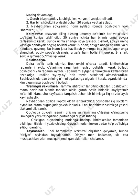 o‘rtasiga o‘zingizning ismingizni yoki o‘zingizning portretingizni joylashtiring. chizilgan quyoshning nurlariga boshqa ishtirokchilar tomonidan bildirilgan tilaklarni yozib chiqing. quyosh nurlari imkon qadar ko‘p bo‘lishiga e’tibor qarating. xayrlashish. endi hammamiz o‘zimizni olqishlab qo‘yamiz, bunda “dirijyor” o‘yinidan foydalanamiz. dirijyor men bo‘laman, siz esa musiqachilarsizlar, musiqani endi qarsaklar bilan chalamiz. kasbga yo‘naltirish bo‘yicha 2-trening mashg‘uloti “kasblar zanjiri”. maqsad: turli xil kasblar va ular o‘rtasidagi o‘zaro bog‘liqlik, mehnat faoliyatining umumiy va ayrim turlari haqida ma’lumot berish hamda o‘quvchilarning mantiqiy tafakkurini rivojlantirish. mashg‘ulot sharti: mashg‘ulot guruh xonasida o‘tkaziladi. qatnashuvchilar soni 6-8 nafardan 10-15 nafargacha bo‘lishi mumkin. mashg‘ulot davomiyligi 7-10 daqiqadan 15 daqiqagacha. mashg‘ulotning borishi: hozir biz sizlar bilan “kasblar zanjiri”ni hosil qilamiz. men birinchi kasbni aytaman, siz esa, o‘xshashlik tomoni bor bo‘lgan navbatdagi kasbni aytib o‘yinni davom ettirasiz. masalan: metallurg kasbiga o‘xshashlik tomoni bo‘lgan oshpaz kasbi, eng asosiysi, ishtirokchilar kasblar o‘rtasidagi o‘xshashliklarni aytishi va boshqalar uni tushunishi kerak. misol uchun, metallurg bilan oshpaz kasbining o‘xshashlik tomonlari, …