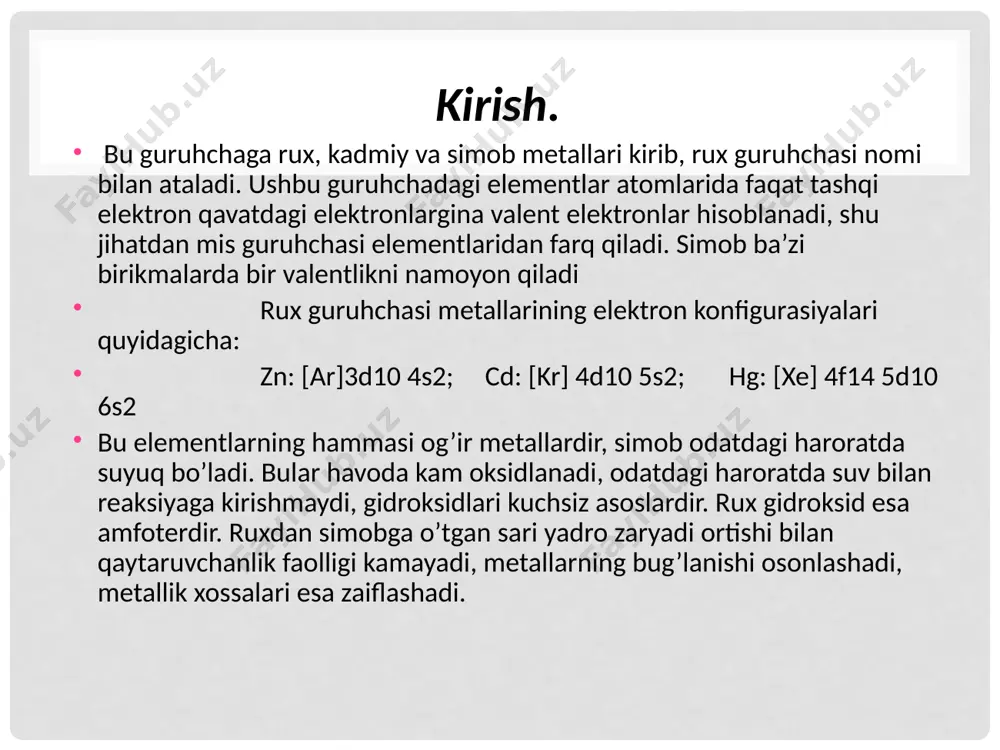 ,kumush,mis,qo’rg’oshin va temir haqidagi ma’lumotlardan keyin paydo bo’lgan. miloddan 300yil avval teofrast kinovar (hgs.) dan simob olishga muvaffaq bo”lgan. yatrokimyo davrida tabiblar tibbiyotga tarkibida simob bo’lgan dorilarni kiritganlar.ilm-fanda,xarbiy ishda simobning vazifasi nixoyatda muhim bo’lgan. ruh . tabiatda uchrashi va olinishi ruxning atom massasi 65,39 (z-30)ga teng. uning tabiatda tarqalgan barqaror izotoplari: 64zn(48,87%); 66zn(27,81%); 70zn(4,11%); 68zn(15,68%) bo’lib, radiofaol izotoplari ichida eng muhimi 65zn dir. rux tabiatda birikmalar holida uchraydi, uning eng ko’p uchraydigan birikmasi rux sulfid zns (rux aldamasi) va rux karbonat znco3 (galmey) lardir. ruxning ko’p minerallari polimetall rudalar jumlasiga kiradi. rux rudasi flotasion usulda boyitiladi, natijada rux konsentrati hosil bo’ladi. rux asosan qaytarish va elektroliz usuli bilan olinadi. qaytarish usulida ruda quydirilib, rux oksidlanadi, 10000s da koks bilan qaytariladi: 2zns + 3o2 → 2zno + 2so2 znco3 → zno + co2 zno + c → zn + co; zno + co → zn + co2; qaytarilgan rux bug’i sovitkichda …