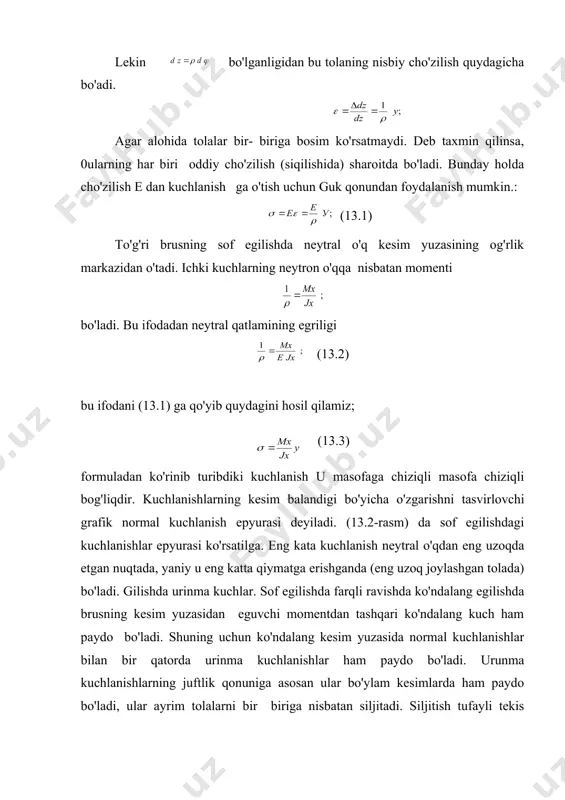 rinma o'qchlanishlar formula kuchlanishlar formulasini keltirib chiqarish uchun balkadanhayolan dz uzunlikda kirib olingan elementi (13.4-rasm, a ) olamiz va uni qo'shimcha bo'ylab kesimlar bilan ikki kesim ajratamiz. qirqib olingan bo'laklardan birining, masalan, ikkala siquvchi kuchlanishlar ta`sir etuvchi yuqori bo'lagini muvozanatini ko'rib chiqamiz. (13.4-rasm) uni tomondagi har bir yuzaga df ga ta'sir etuvchi kuchlar chap tomondagisidan dmx qiymatga katta bo'lganligidan quydagiga ega bo'lamiz: qirqib olingan balkaga uni tomondan ta'sir qiluvcgi siquvchi kuch chap tomondagidan (a) qiymatga katta. integrallash bo'lakning qirqilgan yuzigagina tegishlidir, bu yuza (13.4-rasm)da shtrihlab ko'rsatilgan. (a) ifodadagi integral qirqib olingan bo'lakning neytral ox o'qiga nisbatan statik momentni bildiradi. ; shuning uchun qirqib olingan dz element muvozanatida bo'lishi uchun unga bo'ylama kesimda urinma , kuchlanish lar qo'yilishi kerak.(13.2-rasm v) bu kuchlanishlar urinma dt kuchni hosil qiladi, z=o muvozanat shartiga ko'ra bu kuch dn kuchiga kerak. yoki (13.4) lekin kuchlanishlarni aniqlash uchun balka eni bo'yicha ularning taqsimlanish qonunini bilish kerak. ko'pgina …