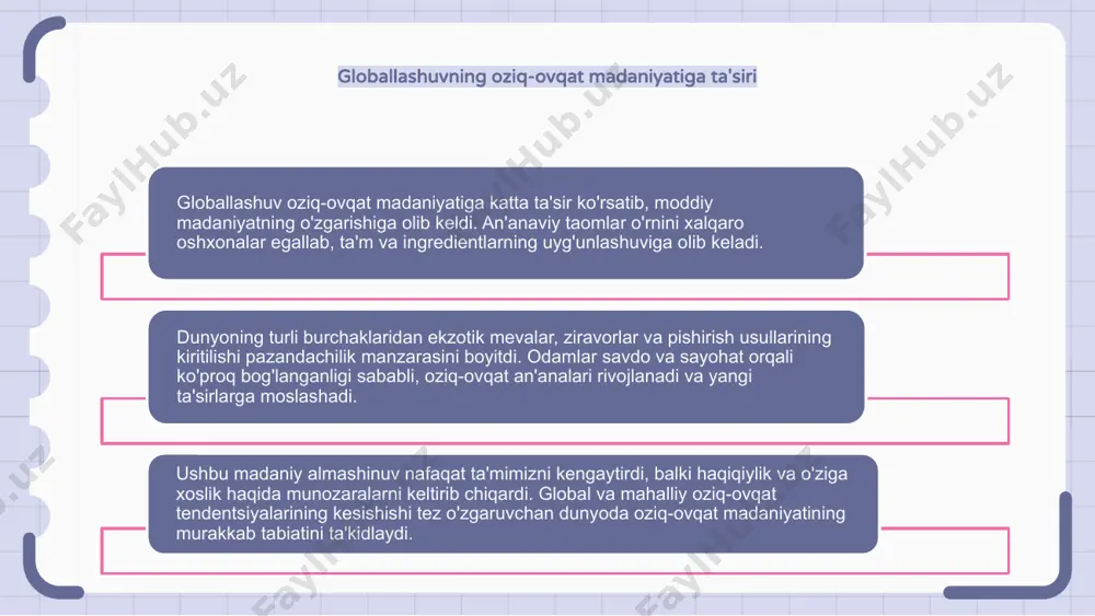 oziq-ovqat amaliyotlarini qo'llash orqali biz atrof-muhitimizni asrashimiz va hozirgi va kelajak avlodlar farovonligini yaxshilashimiz mumkin. oziq-ovqat chiqindilarini kamaytirishdan tortib mahalliy fermerlarni qo'llab-quvvatlashgacha bo'lgan har bir harakat yanada barqaror dunyoni yaratishda muhim ahamiyatga ega. oziq-ovqat tendentsiyalari va ularning moddiy madaniyatga ta'siri oziq-ovqat tendentsiyalari bizning moddiy madaniyat bilan o'zaro munosabatimizni shakllantirish kuchiga ega, oshxona jihozlaridan tortib dasturxonga qadar hamma narsaga ta'sir qiladi. barqaror amaliyotlarning yuksalishidan global lazzatlarning mashhurligigacha, oziq-ovqat tendentsiyalari jamiyat qadriyatlarini aks ettiradi va moddiy madaniyatda innovatsiyalarni rivojlantiradi. oziq-ovqat bilan bog'liq bo'lgan moddiy madaniyatdagi o'zgarishlarni o'rganib, biz jismoniy dunyo bilan munosabatlarimizning rivojlanayotgan tabiati haqida tushunchaga ega bo'lamiz. zamonaviy jamiyatda oshpazlik ijodi va innovatsiyalari oziq-ovqat orqali moddiy madaniyatdagi o'zgarishlar zamonaviy jamiyatda oshpazlik ijodi va innovatsiyalariga olib keldi. birlashtirilgan oshxonalardan molekulyar gastronomiyagacha pazandachilik dunyosi rivojlanishda davom etmoqda. oziq-ovqat faqat rizq bilan bog'liq emas; bu san'at va ifoda shaklidir. butun dunyo bo'ylab oshpazlar chegaralarni chetlab o'tadigan noyob taomlarni yaratish uchun lazzatlar, teksturalar va texnikalar …