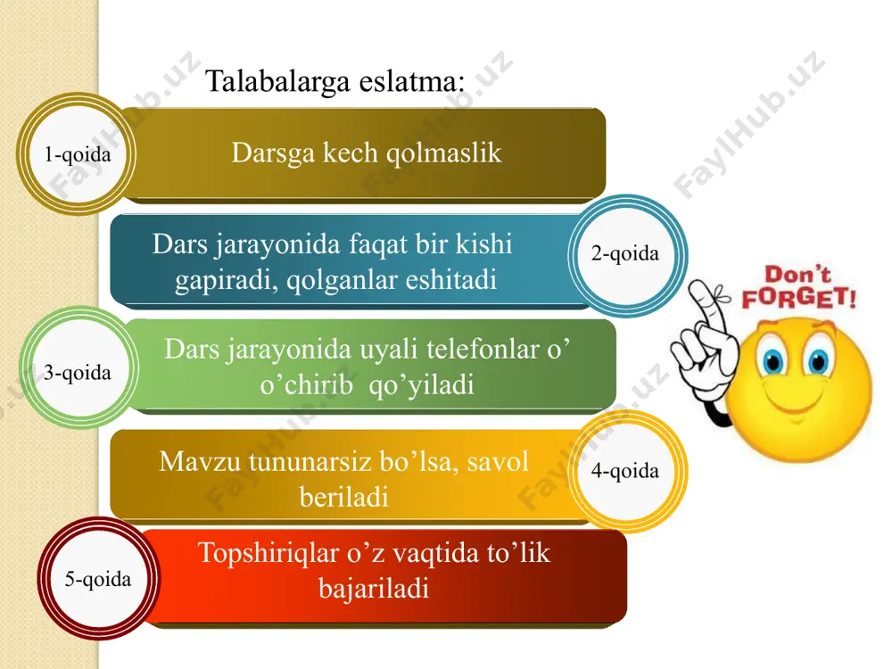 t – koeffitsiyentlar qiymatlarini aniqlash; s=v*t qiymatini hisoblash. algoritmning asosiy xossalari 1. bir xil boshlang’ich ma’lumotlar kiritilganda har doim bir xil natijaga ega bo’lish 2. har xil boshlang’ich ma’lumotlar kiritilganda, qaralayotgan bir turdagi masalalar kutilgan natijalarni berish 3. chekli qadamdan keyin, ya’ni bir necha amallar bajarilgandan so’ng masalaning echimiga ega bo’lish algoritmlarni tasvirlash usullari: a b c d m 1. formulala; r yordamida bu holda bajarilishi lozim bo’lgan amallar ketma-ketligi matematik formulalar, mantiqiy ifodalar ko’rinishida ifodalanadi. misol. rasmda keltirilgan to’rtburchak yuzini hisoblang. algoritmi: 2. matn yordamida bajarilishi lozim bo’lgan amallar ketma-ketligi jumlalar yoki gaplar yordamida ifodalab beriladi. misol. radiusi r ga teng doira yuzasini hisoblang. algoritmi: π ni r ning kvadratiga ko’paytiring. r algoritmik til 3. dasturlash tili yordamida amallar ketma-ketligi biror yordamida ifodaladi. misol. rasmda keltirilgan to’rtburchak yuzini algoritmi: read(a,b,c,m); p:=(b+c+m)/2; s1:=sqrt(p*(p-m)*(p-b)*(p-c)); p:=(a+d+m)/2; s2:=sqrt(p*(p-a)*(p-d)*(p-m)); s:=s1+ s2; write(s); a d hisoblang. c b m 4. grafik yordamida geometrik amallar ketma-ketligi …