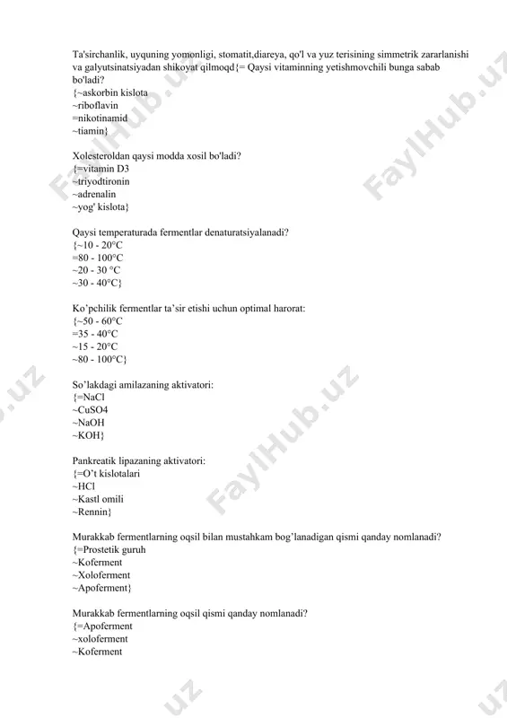=inozitoltrifosfat ~amf ~fosfoenolpiruvat ~adenilatsiklaza} qalqonsimon bezda hosil bo’luvchi garmon: {=tiroksin ~aldosteron ~androsteron ~adrenalin} tiroksin garmoni sintezlanadi: {=qalqonsimon bezda ~oshqozonosti bezida ~qalqon oldi bezi ~buyrak usti bezi po’stloq qismida} piruvatning fosfoenolpiruvatga aylanishini katalizlaydi: {=piruvatkinaza ~piruvatkarboksilaza ~piruvatdegidrogenaza ~fosfoenolpiruvatkarboksikinaza} piruvatning oksidlanib dekarboksillanishi natijasida qanday mahsulot hosil bo’ladi? {=asetil koa ~sitrat ~laktat ~?-ketoglutarat} glyukoza – 6 –fosfatdegidrogenaza kofermenti: {=nadf + ~tiamindifosfat ~fad ~nad +} fosforilaza katalizlaydigan reyaksiya mahsuloti: {~glyukoza =glyukoza-1-fosfat ~glyukoza 6-fosfat ~udf-glyukoza} og'iz bo'shlig'ida oqsillarni hazm bo`lishi nima orqali sodir bo`ladi: {~amilaza =bu jarayon sodir bo'lmaydi ~pepsin ~pepsinogen} oshqozon-ichak yo`lida oqsillarni hazm qilishda ishtirok etadigan ferment: {~amilaza =aminopeptidaza ~gastrin ~alaninaminotransferaza} glutamatdegidrogenaza kofaktori: {=nad ~fad ~tiamindifosfat ~pirodoksalfosfat} asat katalizatori ishtirok etadigan qaysi reaksiyada ketokislota hosil bo`ladi? {=oksaloasetat ~? -ketoglutar kislota ~asetoasetat ~piruvat} oshqozonda oqsillarni hazm bo`lishida ishtirok etadigan fermentlar: {=pepsin ~tripsin ~kollagenaza ~gastrin} adenil kislota sintezida oraliq mahsulotlar: {~digidroorotat ~gipoksantin ~argininosuksinat =inozin kislota} glitserinning anaerob oksidlanishidan qancha atf hosil bo’ladi: {~4 atp ~3 atp …