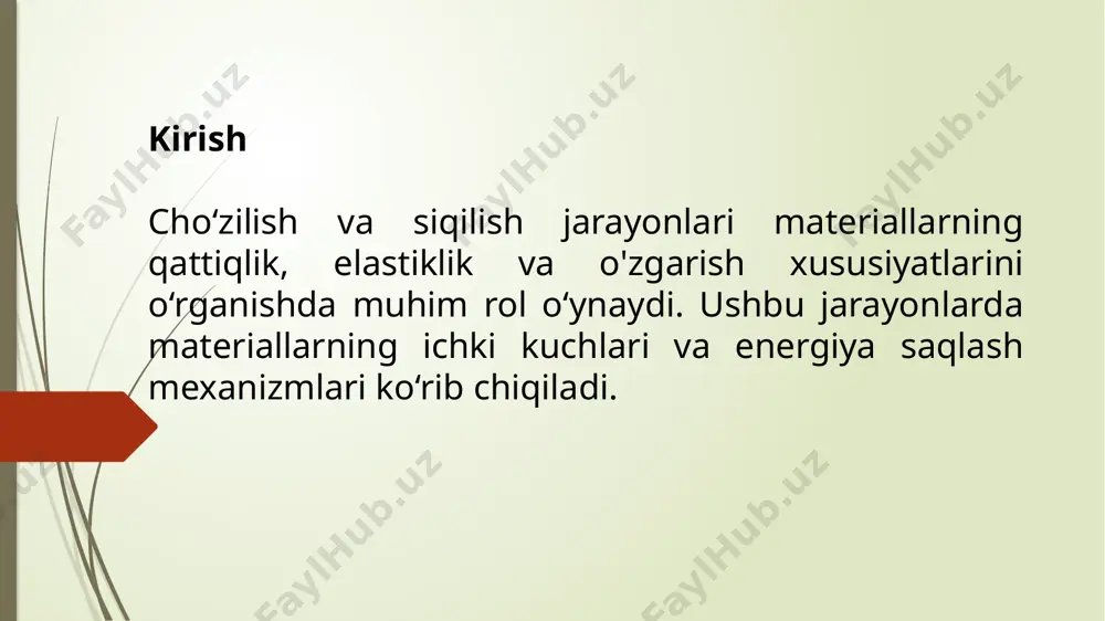 atsiyaga uchraydi va energiya bir qismda isrof bo'ladi. misol: agar sizda 100 n/m elastiklik koeffitsienti bo'lgan ip bo'lsa va u 0,5 m cho'zilgan bo'lsa, cho'zilishdagi potensial energiya quyidagicha hisoblanadi: siqilish kuchi siqilish jarayonida materialga ta'sir etuvchi kuch ham gook qonuni bilan ifodalanadi. siqilishda kuch materialni qattiq holatdan yumshoq holatga o'tkazish uchun ishlatiladi. elastik va plastiklik xususiyatlari elastik materiallar elastik materiallar cho‘zilish va siqilish jarayonlarida dastlabki holatiga qaytadi. ularning energiya saqlash qobiliyati yuqori bo‘ladi. plastiklik, plastik materiallar cho‘zilish va siqilish jarayonlaridan so‘ng dastlabki holatiga qaytmaydi. ular kuchlar ta'sirida doimiy o'zgarishlarga duchor bo'ladi. materiallar qarshiligi materiallar qarshiligi o'ziga xos xususiyatlar bilan tavsiflanadi. ularning elastiklik va plastiklik xususiyatlari, shuningdek, cho‘zilish va siqilish jarayonlarida energiya o'zgarishlarini tushunishga yordam beradi. xulosa cho‘zilish va siqilish jarayonlarida potensial energiya materiallarning xususiyatlarini belgilovchi muhim omil hisoblanadi. ushbu jarayonlarni tushunish, materiallarning mukammalligi va qulayligini oshirishda muhim ahamiyatga ega. foydalanilgan adabiyotlar "mechanics of materials" - ferdinand p. beer, e. russell …