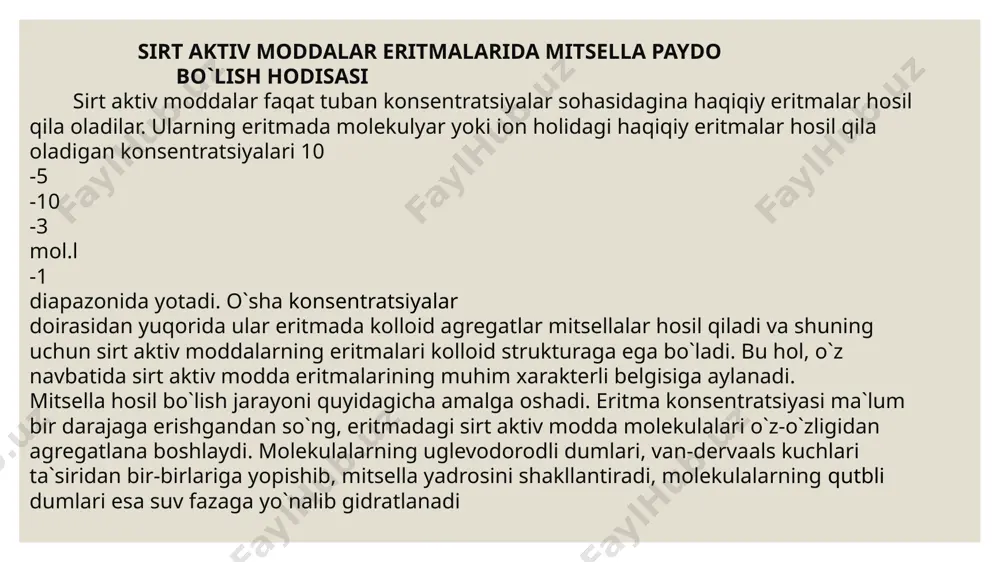 h (dispergatsiya usuli) va molekula yoki ionlardan yirikroq zarrachalar hosil qilish, yaʼni agregatlash (kondensatsiya usuli). dispergatsiya usulida kolloid eritmalar hosil qilish uchun qattiq jism stabilizator bilan birga kukun qilib maydalanadi yoki elektr yohud ultratovush yordamida suyuqlik ichida kukunga aylantiriladi. kolloid eritmalarni kislota, asos va toʻzlardan tozalashda dializ, ultrafiltrlash, elektrodializ, ultratsentrifugalash usullaridan foydalaniladi. kolloid eritmalar juda kichik osmotik bosim, suyet diffuziya va broun harakatiga ega. zarrachalar zaryadli boʻlganligi tufayli, ular elektroforez jarayonida elektrod tomon harakat qiladi. oʻta yuqori disperslikka ega boʻlgan kolloid eritmalar zol deb ataladi. zollarni nomlashda dispersion muhitni hosil qiluvchi modda asos qilib olinadi: dispersion muhit suv boʻlsa, gidrozol, organik modda boʻlsa, organzol, keyingilari kimyoviy tarkibiga koʻra benzozol, alkozol va boshqa deyiladi. agar dispersion muhit gaz boʻlsa, bunday zol aerozol, suyuq dispersion muhitga ega boʻlgan zollar esa liozollar (yun. lios — suyuqlik) deb ataladi. dispers faza zarrachalari bilan dispersion muhit zarrachalari orasidagi bogʻlanishga qarab, kolloid eritmalar liofob va liofil …
