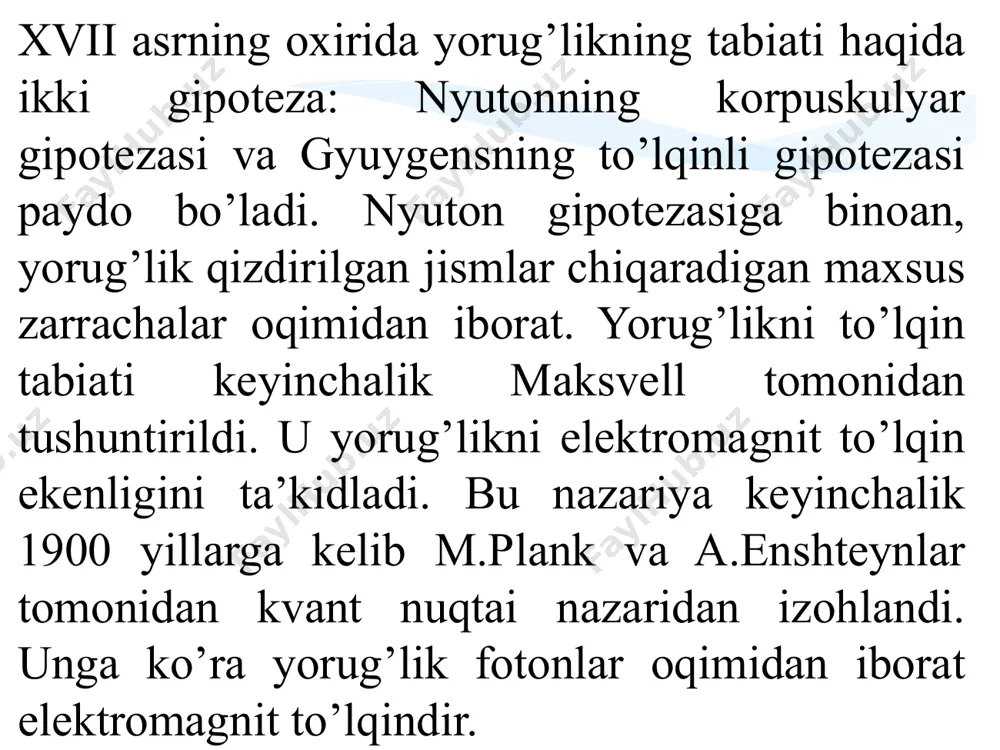hammasi qavariq linzalar deb ataladi. o`rtalari chekkalariga nisbatan ingichka bo`lgan linzalar botiq linzalar deb ataladi yupqa linza formulasi кўзнинг оптик системаси ko`zning optik sistemasi odam ko‘zi o‘ziga xos optik asbob bo’lib, u optikada alohida o‘rin tutadi. bu, birinchidan, ko‘p optik asboblarning ko‘z sezishiga mo‘ljallangani, ikkinchidan, odamning (va hayvonning) ko‘zi evolutsiya jarayonida taqsimlashgan biologik sistema sifatida, bionika doirasida optik sistemalarni loyihalash va yaxshilashga doir ba’zi g‘oyalarni vujudga keltirishi bilan tushuntiriladi. ko‘z tibbiyotchilar uchun faqat funksional buzilish va kasallanish qobiliyatiga ega bo‘lgan a’zo hisoblanmay, balki ba’zi ko‘zga taalluqli bo‘lmagan boshqa kasalliklar to‘g‘risidagi axborot manbai hamdir. ko‘z optik sistemasidagi kamchiliklar va ularni bartaraf qilish ko‘zning optik sistemasiga ba’zi kamchiliklar xosdir. akkomodatsiya yo‘qligida normal ko‘zning orqa fokusi to‘r pardaga to‘g‘ri keladi, bunday ko‘zga emmetropik ko‘z deyiladi va bu shart bajarilmaydigan hollarda ametropik ko‘z deyiladi. ametropiyaning eng ko‘p tarqalgan ko‘rinishlari yaqindan ko‘rish (miopiya) va uzoqdan ko‘rish (gipermetropiya) hisoblanadi. yaqindan ko‘rish (miopiya)— ko‘z kamchiligi bolib, akkomodatsiya …
