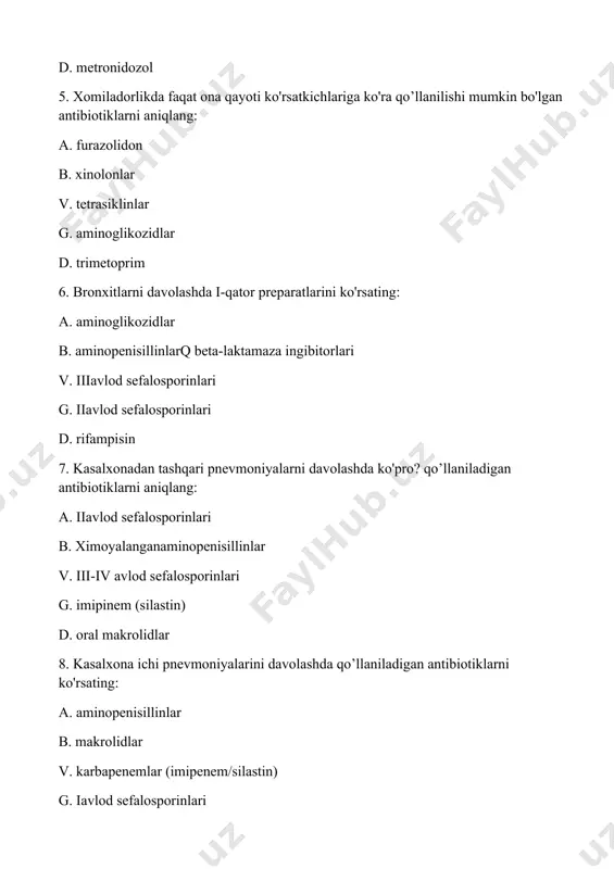 tlanmagan siydik yo'llari infeksiyalarida qo’llaniladigan preparatlarni ko'rsating: a. nalidiks kislotasi b. iii-ivavlod sefalosporinlari v. imipenem (silastin) g. ko-trimoksazol d. ko'k yiring tayoqchasiga qarshi penisillinlar 11. asoratlangan siydik yo'llari infeksiyalarida qo’llanilishi mumkin bo'lgan preparatlarni aniqlang: a. nalidiks kislotasi b. iiiavlod sefalosporinlari v. imipenem (silastin) g. ko-trimoksazol d. ftorxinolonlar