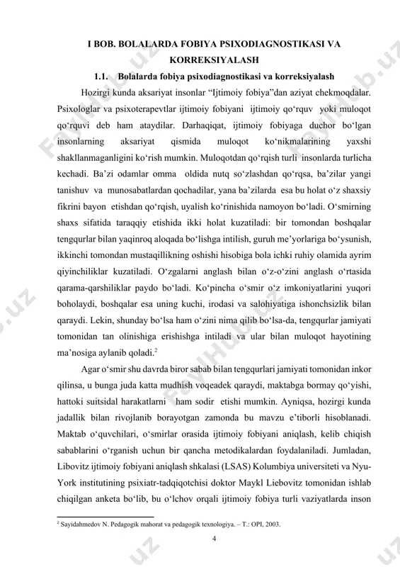 in. shkala 24 ta element va 2ta kichik o‘lchovni o‘z ichiga oladi. birinchi kichik o‘lchov 11ta elementdan iborat bo‘lib, ijtimoiy munosabatlarni o‘rganadi. ikkinchi kichik o‘lchov 13 ta elementdan iborat bo‘lib, samaradorlikni o‘rganadi. umumiy ball qo‘rquv va qochish xatti-harakatlari ballarini qo‘shish orqali aniqlanadi.[footnoteref:3] [3: sultonova g.a. pedagogik mahorat. – t.: nizomiy nomidagi tdpu, 2005.] o‘lchovlarning ishonchliligi va haqiqiyligini tadqiqotchilar o‘rtasida o‘rganilib chiqilganda uning haqiqiyligi 0.96 ni tashkil qilgan. korrelatsiya koeffisienti esa 0.83 ni tashkil etgan. quyida metodika matni batafsil keltirib o‘tilgan. ko‘rsatma. har bir vaziyatni diqqat bilan o‘qing va ushbu vaziyat bo‘yicha ikkita savolga javob bering. birinchi savol bu vaziyatda o‘zingizni qanchalik tashvishli yoki qo‘rquvli his qilayotganingizni so‘raydi. agar siz odatda boshdan kechirmaydigan vaziyatga duch kelsangiz, “agar siz shunday vaziyatga duch kelsangiz nima bo‘ladi” deb tasavvur qilishingizni so‘raymiz, so‘ngra, bu faraziy vaziyatdan qay darajada qo‘rqishingizni va qanchalik tez-tez qochishga moyilligingizni baholang. bu metodikadan insonlarda ijtimoiy fobiya qanchalik darajada mavjud ekanligini belgilashda …