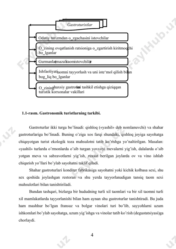 i va unda boshqa bir mamlakatda takrorlanmaydigan, asrlar osha saqlanib kelayotgan, o’zining takrorlanmas mehmondo’stligi va milliy taomlari bo’lgan oshxonasi mavjuddir. masalan, yaponiyada turistlar gid-boshlovchi yordamida ularning milliy taomi bo’lgan «sushi»ni tayyorlash uchun mahsulotlar xarid qilishadi va turistlar ko’z oldida mashhur bosh oshpazlar (shef-povarlar) tomonidan «sushi» tayyorlanadi. pasta italiya sarhadlaridan chiqib kelgan juda ham oddiy taom bo’lib ko’ringani bilan, kulinar sayohatda turist bu taomni turli xilligi, uning takrorlanmas ta’mi va bir xil retseptda turli xil oshpazlar tomonidan tayyorlangan pastaning mo’’jizaviy ta’mi bilan tanishadi hamda uni bir-biri bilan qiyoslaydi. o’zbekistonda ham turbiznesning bu yo’nalishi bo’yicha afzalliklarini tushunayotgan turfirmalar soni tobora ko’paymoqda. bizda asosan «yashil gastroturizm» keng rivojlanadi, chunki o’zbekiston respublikasi vazirlar mahkamasining 2012-yil 10-oktabrda «umumiy ovqatlanish tashkilotlari faoliyatini takomillashtirish va xodimlar malakasini oshirish bo’yicha» qarori[footnoteref:2]ga asosan o’zbekiston oshpazlar uyushmasi qoshida milliy oshpazlik san’ati xalqaro markazi tashkil etildi. ushbu qaror bilan uning vakolati kengaytirildi hamda mustahkamlandi. uzoq tarixga ega an’analarning borligi va milliy …