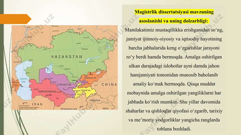da turlicha taʼsir koʼrsatgan. tadqiqot mavzusi bo‘yicha adabiyotlar sharhi. shuningdek, oʼrta osiyo mamlakatlaridagi iqtisodiy va ijtimoiy muammolarni tahlil qilgan turli ilmiy maqolalar va kitoblar mavjud. bu adabiyotlar mamlakatlarning rivojlanishidagi asosiy tendensiyalarni oʼrganish va kelajakdagi ijtimoiy-iqtisodiy siyosatni shakllantirishda muhim ahamiyatga ega. ushbu hujjatlar va amaliy ishlar, mamlakatlardagi siyosiy barqarorlikni, ijtimoiy o‘zaro munosabatlarni va iqtisodiy rivojlanishni mustahkamlashga yo‘naltirilgan. ijtimoiy tizimdagi o‘zgarishlar va ijtimoiy barqarorlikni ta'minlashda bu hujjatlarning o‘rni juda katta. dissertatsiyani tayyorlash jarayonida o‘rta osiyo davlatlari qonunlari, prezident farmonlari va vazirlar mahkamasining qarorlari, shuningdek, o‘zbekiston respublikasi prezidentining asar va ma’ruzalaridan keng foydalanildi. bular o‘z vaqtida muhim ijtimoiy, iqtisodiy va siyosiy sohalardagi o‘zgarishlarni amalga oshirishga qaratilgan. в. д. камынин, е. в. лазарева, м. в. лапенко, а. в. лямзин o‘quv qo‘llanmasida markaziy osiyo mintaqasining xx va xxi asr o‘rtalaridagi siyosiy, iqtisodiy va xavfsizlik sohalaridagi o‘zgarishlarini tahlil qiladi. asosiy ma’lumotlar maxsus adabiyot va internet saytlaridagi ma’lumotlardan olingan kitobda mintaqaning siyosiy jarayonlari, iqtisodiy rivojlanishi va regional …