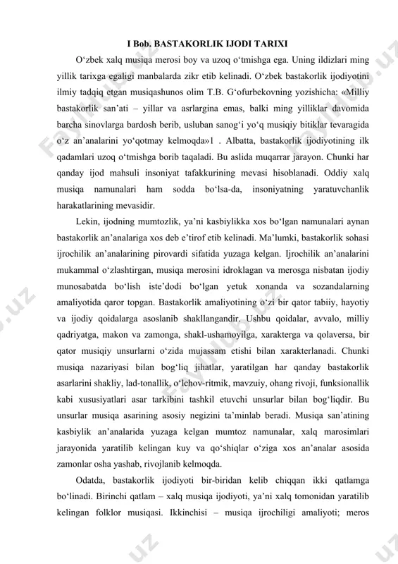 langandir. ushbu qoidalar, avvalo, milliy qadriyatga, makon va zamonga, shakl-ushamoyilga, xarakterga va qolaversa, bir qator musiqiy unsurlarni o‘zida mujassam etishi bilan xarakterlanadi. chunki musiqa nazariyasi bilan bog‘liq jihatlar, yaratilgan har qanday bastakorlik asarlarini shakliy, lad-tonallik, o‘lchov-ritmik, mavzuiy, ohang rivoji, funksionallik kabi xususiyatlari asar tarkibini tashkil etuvchi unsurlar bilan bog‘liqdir. bu unsurlar musiqa asarining asosiy negizini ta’minlab beradi. musiqa san’atining kasbiylik an’analarida yuzaga kelgan mumtoz namunalar, xalq marosimlari jarayonida yaratilib kelingan kuy va qo‘shiqlar o‘ziga xos an’analar asosida zamonlar osha yashab, rivojlanib kelmoqda. odatda, bastakorlik ijodiyoti bir-biridan kelib chiqqan ikki qatlamga bo‘linadi. birinchi qatlam – xalq musiqa ijodiyoti, ya’ni xalq tomonidan yaratilib kelingan folklor musiqasi. ikkinchisi – musiqa ijrochiligi amaliyoti; meros bo‘yicha muayyan bilimga ega bo‘lgan shaxs, ya’ni bastakorlar ijodiyoti natijasida yaratilgan mumtoz musiqiy asarlaridir. bastakorlik ijodiyotining eng yirik va mukammal shakli maqomot tizimiga kiruvchi asarlardir. bastakorlik amaliyotida shakllanib maqomot shakligacha rivojlangan janrlar, manbalarda amal, qavl, parda, nag‘ma, ovoz, naqsh, peshrav, …