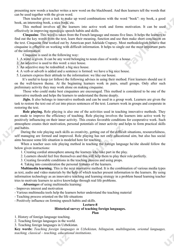 at is going on “by enabling them to work at their own speed, by not giving long explanations, by encouraging them to participate, talk, interact, do things, etc.” moreover j. broughton adds that “the language student is best motivated by practice in which he senses the language is truly communicative, that it is appropriate to its context, that his teacher’s skills are moving him forward to a fuller competence in a foreign language” (broughton, 1994). briefly put, the students are the most active element in this process. the teacher is here not to explain, but to encourage and help students to explore, try out, make learning interesting, etc. that’s why a great emphasis nowadays is put on negotiation of meaning and the communicative competence as “being able to use the language for meaningful communication” (richards, 2008). instead of memorizing grammatical rules and isolated vocabulary, modern methodology prefers to present contextualized …