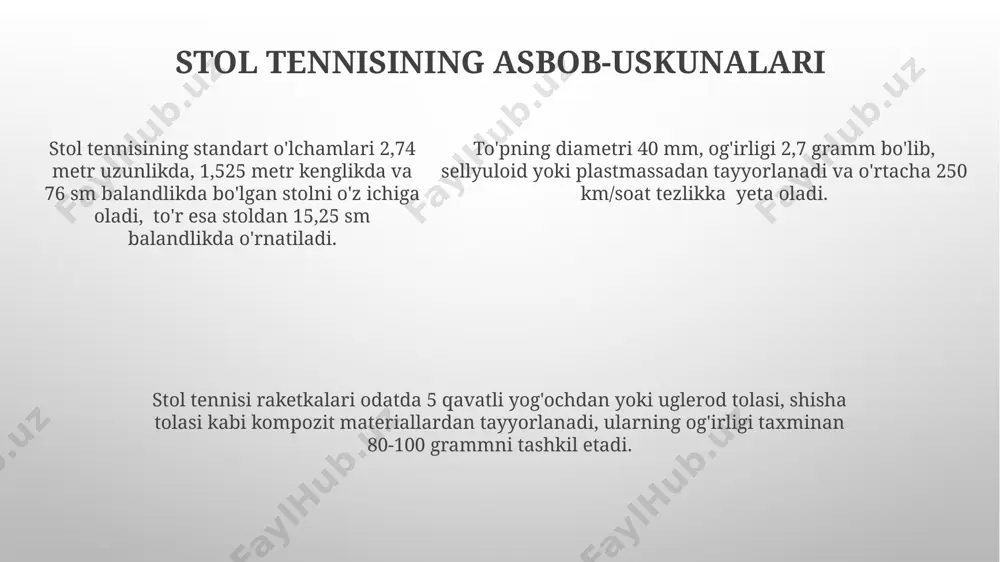 qoidalari yaratildi va glostershir shtatining badminton uyi nomidan olingan "badminton" nomi bilan nomlandi. bu qoidalar o'yinning rivojlanishiga va xalqaro miqyosda tarqalishiga katta ta'sir ko'rsatdi. stol tennisining texnik jihatlari stol tennisida xizmat qilish texnikasi juda muhim bo'lib, to'pning tezligi, aylanishi va traektoriyasi turli xil usullar yordamida (cho'zilgan, qisqa) o'zgartirilishi mumkin. o'yin davomida o'rtacha 100 dan ortiq zarba beriladi, shuning uchun aniqlik va tezkorlikka ega bo'lish uchun qo'lning mushaklarini yaxshi rivojlantirish talab etiladi. o'yin davomida o'rtacha 100 dan ortiq zarba beriladi, shuning uchun aniqlik va tezkorlikka ega bo'lish uchun qo'lning mushaklarini yaxshi rivojlantirish talab etiladi. "ping-pong"ning paydo bo'lishi stol tennisi 1880-yillarning oxirlarida angliyada, boy oilalarning o'yin-kulgi sifatida, "ping-pong" nomi bilan paydo bo'lgan, dastlabki to'plar sellyuloiddan tayyorlangan. erta ping-pong raketkalari oddiy yog'ochdan yasalgan bo'lib, keyinchalik kauchuk qoplamalar qo'shildi; bu 1900-yillarning boshlarida sportning rivojlanishiga va texnologiyaning takomillashuviga sabab bo'ldi. xalqaro stol tennisi federatsiyasi (ittf) 1926-yilda tashkil etilgan bo'lib, sportning standartlashuvi va xalqaro musobaqalarni o'tkazishni …