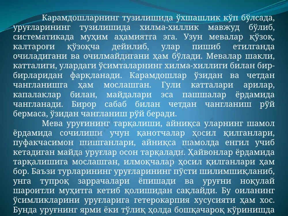 илган ҳолида истеъмол қилинса, 8-10 грамм клетчатка билан тўйиниш мумкин. карамни хоҳишга қараб истеъмол қилиш мумкин. тадқиқотда қайнатилган карамнинг фойдаси хоминикидан кам эмаслиги аниқланган. рационда қанча кўп бўладиган бўлса, шунча яхши. қандай ҳолда истеъмол қилиш эса инсоннинг ўзига боғлиқ. агар таъми тахир туйиладиган бўлса, авокадо ёки бошқа фойдали ёғга солиб, қовурсангиз бўлади. фақат клетчатка ва фойдали моддалардан холи бўлгани сабаб карам шарбатини истеъмол қилиш тавсия қилинмайди. карам (brassica l.) - бутгулдошлар оиласига мансуб, бир, икки ва кўп йиллик ўсимликлар туркуми, сабзавот ва ем-хашак экини. карамнинг евросиё ва шим. африкада 35 га яқин тури бор. кўпгина турлари ўрта денгиз атрофи ва хитойдан келиб чиққан. брюква, рапс, шолғом, сурепица, хантал ҳам шу туркумга киради. бир тури - полиз карам (в.о1егасеае)нинг жуда кўп турлари хўжалик ақамиятига эга. деҳқончиликда улардан оқ бошли (бош ўрайдиган оддий) карам, қизил к., савой карами, брюссель карами, кольраби, гулкарам, пекин карами дунёнинг деярли барча мамлакатларида экилади. жаҳон бўйича оқ …
