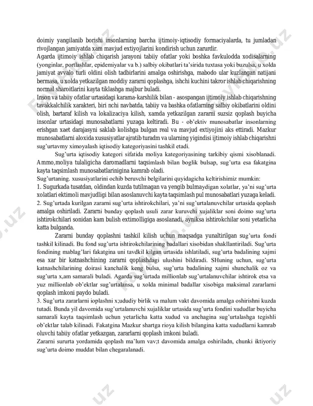 b chiqarish munosabatlarining zaruriy elementidir. u ijtimoiy ishlab chiqarish jarayonidagi moddiy zararlarni qoplash bilan boglikdir. normal takror ishlab chiqarish jarayonining muxim sharti uning uzliksizligi va tuxtovsizligi xisoblanadi. ishlab chiqarishning doimiy yangilanib borishi insonlarning barcha ijtimoiy-iqtisodiy formaciyalarda, shu jumladan rivojlangan jamiyatda xam mavjud extiyojlarini kondirish uchun zarurdir. agarda ijtimoiy ishlab chiqarish jarayoni tabiiy ofatlar yoki boshka favkulodda xodisalarning (yonginlar, portlashlar, epidemiyalar va b.) salbiy okibatlari ta’sirida tuxtasa yoki buzulsa, u xolda jamiyat avvalo turli oldini olish tadbirlarini amalga oshirishga, mabodo ular kuzlangan natijani bermasa, u xolda yetkazilgan moddiy zararni qoplashga, ishchi kuchini takror ishlab chiqarishning normal sharoitlarini kayta tiklashga majbur buladi. inson va tabiiy ofatlar urtasidagi karama-karshilik bilan asoslangan ijtimoiy ishlab chiqarishning tavakkalchilik xarakteri birinchi navbatda, tabiiy va boshka ofatlarning salbiy okibatlarini oldini olish, bartaraf kilish va lokalizaciya kilish, xamda yetkazilgan zararni suzsiz qoplash buyicha insonlar urtasidagi munosabatlarni yuzaga keltiradi. bu ob’ektiv munosabatlar insonlarning erishgan xayot darajasini saklab kolishga bulgan real …