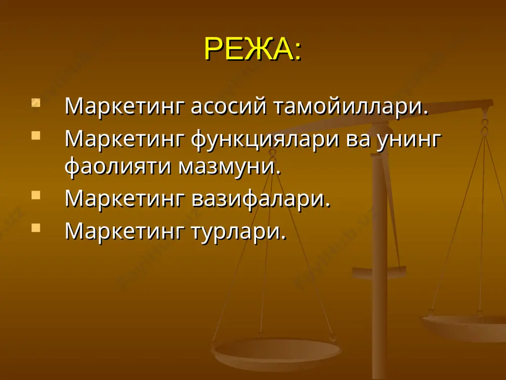қилиш алоҳида жойлар, объектларнинг жойлашишига нисбатан мижозларнинг муносабатини пайдо қилиш, сақлаб туриш ёки ўзгартириш бўйича фаолият фирма ичида мижозлар билан ишлайдиган ходимларни ўқитиш ва мотивлаштириш бўйича амалга ошириладиган маркетинг мазкур фирмани қизиқтирадиган ҳамма шахслар ва ташкилотларнинг муносабатини ва хатти-ҳаракатларини пайдо қилиш, сақлаб туриш ёки ўзгартиришга йўналтирилган фаолият фирманинг халқаро миқёсдаги фаолияти маркетинг турларининг таснифланиши 3. хатти-ҳаракатлар соҳаси 3.1. истеъмол маркетинги 3.2. индустриялашган маркетинг 3.3. ижтимоий маркетинг фирмалар ва пировард истеъмолчилар, жисмоний шахслар ёки оилалар ўртасидаги маркетинг. иккита фирма (ҳуқуқий шахслар) ўртасидаги маркетинг фойда олишни ўз олдига мақсад қилиб қўймайдиган бюджет (давлат) ташкилотлари томонидан инсонларнинг ижтимоий эҳтиёжларини қондириш бўйича маркетинг 4. фаолият тури 4.1. молиявий маркетинг 4.2. инновацион маркетинг 4.3. саноат маркетинги 4.4. хизматлар соҳасидаги маркетинг молиявий фаолият соҳасидаги маркетинг инновациялар, илмий-техника тараққиётининг ютуқлари, ноу-хауларни ишлаб чиқиш ва жорий қилиш соҳасидаги маркетинг саноат маҳсулотига бўлган эҳтиёжни қондириш ва ишлаб чиқариш соҳасидаги маркетинг хизмат кўрсатиш доирасидаги эҳтиёжларни қондириш маркетинги 5. таъсир этиш …