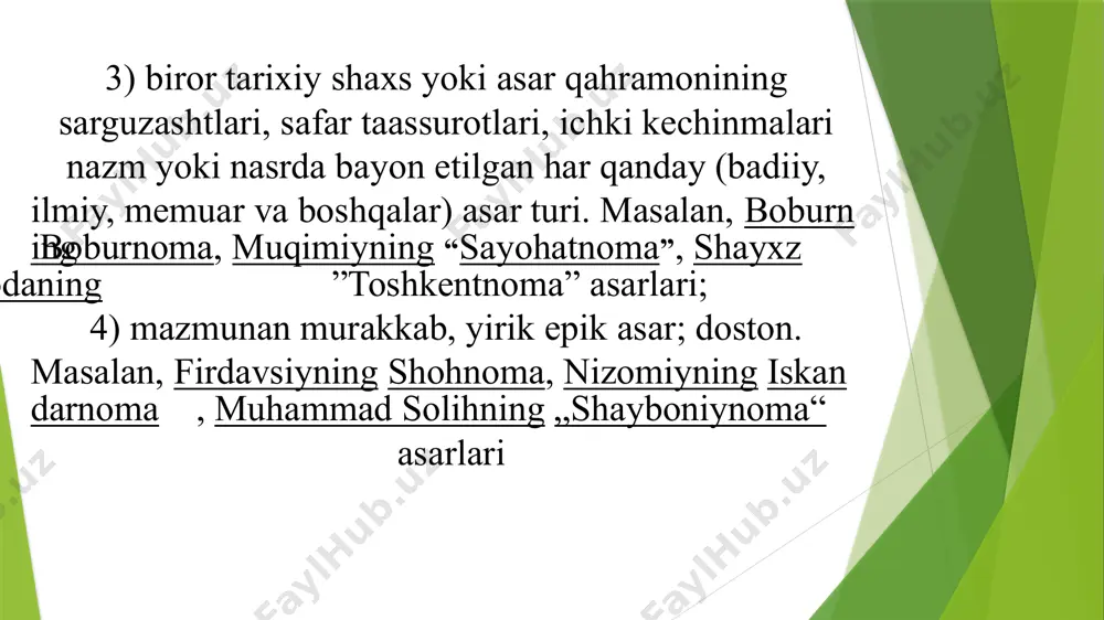 malarni kiritdik. bu nomalarning barchasiga xos bo‘lgan umumiy xususiyat shuki, ularning mazmunida oshiqning ma’shuqaga yozgan ishqiy maktublari o‘rin olgan. 2. noma — masnaviy shaklida yozilgan asar. bu guruhga biz asar nomida “noma” so‘zi bo‘lgan, masnaviy shaklida bitilgan, aruz tizimi vaznlarida yozilgan asarlar: qosimiyning ikki dostoni “haqiqatnoma” va “ilohiynoma”ni hamda miriyning “gulnoma”sini kiritdik. biz bu mezonda b.valixo‘jayev qarashlariga tayandik. soqiynoma sharq mumtoz adabiyotidagi she’riy shakllardan biridir. soqiynoma ham she’riyatning tarje’band, tarkibband turlari kabi bir necha banddan iborat bo‘ladi. har bir band masnaviy shaklida qofiyalanadi. muhabbatnoma — noma janrining mumtoz adabiyotdagi bir turi. muhabbatnomada oshiq-maʼshuqaning oʻzaro munosabati, kayfiyati va istak-orzusi bayon etiladi. muhabbatnomaning bosh qahramoni, odatda, oshiq - shoirning oʻzidir. u sevgi taronasining kuychisi sifatida maydonga chiqadi. lirik qahramon maʼshuqani taʼriftavsif etadi, firoq alami va visol shodligini ifodalaydi. unda lirika bilan epik tasvir unsurlari uygʻunlashadi. muhabbatnomada shoir oshiq obrazi timsolida oʻzining ijtimoiy-falsafiy qarashlarini, jamiyatning ayrim muammolariga munosabatlarini badiiy ifodalaydi. muhabbatnomaning kompozitsion qurilishi …
