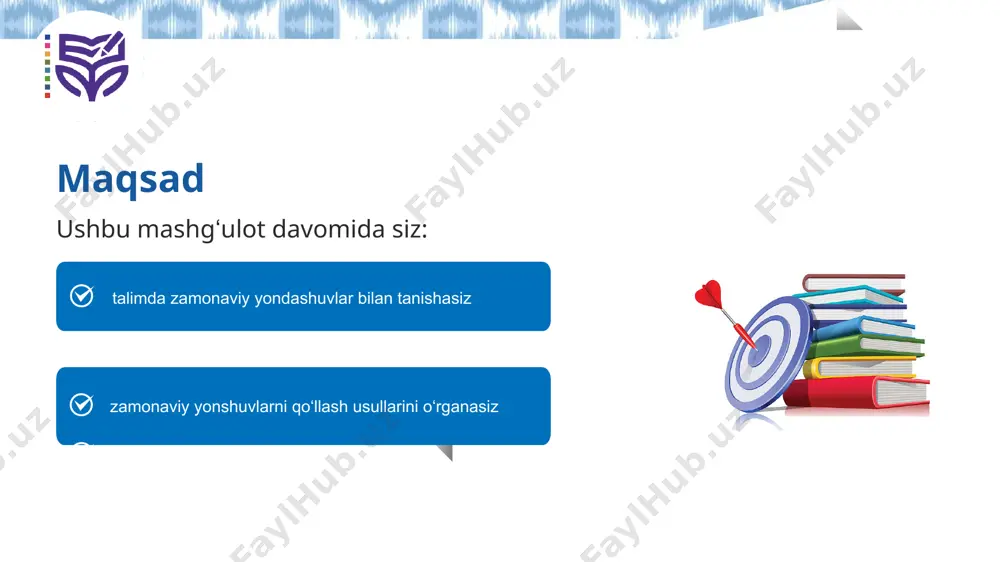 6 ta’limda zamonaviy yondashuvlar: dolzarbligi olimlardek fikrlash va faoliyat yuritish (tadqiqotchilik ko‘nikmalari) mulohaza yuritish xxi asr ko‘nikmalarini rivojlantirish g‘oya muammo mulohaza muammoga yechim topish ta’limda zamonaviy yondashuvlar: tamoyillari milliy va umuminsoniy qadriyatlarga hurmat raqamli texnologiyalar (onlayn platformalar, vr, ar, ai) o‘quvchilarni faol jalb etish (mulohaza yuritish, tadqiqot oʻtkazish, savollar qo‘ya olish, o‘zi uchun yangi bo‘lgan bilimlarni kashf etish) differensial oʻqitish (har bir oʻquvchining individual xususiyatlari, qiziqishlari, oʻzlashtirish tempi hisobga olinganligi) kompetensiyalarni rivojlantirish (oʻqitish jarayoni tanqidiy fikrlash, real muammolarni hal qilish, tadqiqotchilik ko‘nikmalarini rivojlantirishga qaratilganligi) ta’limda zamonaviy yondashuvlar: o‘qitish usullari olimlar kabi savollar qo‘yish, tadqiqot rejasini tuzish, ma’lumot to‘plash va xulosa chiqarish so‘rovga asoslangan ta’lim (inquiry-based learning) muammoga asoslangan ta’lim (problem based learning) egallagan bilimlarni qo‘llab, real muammolarga yechim topish loyihaga asoslangan ta’lim (project‑based learning) darsdan tashqarida o‘quv materialini nazariy jihatdan o‘rganish, darsda – amaliy faoliyat (tajriba o‘tkazish, video + muhokama) loyiha ishi – o‘quvchilarning mustaqil yoki guruh bo‘lib, amaliy va …