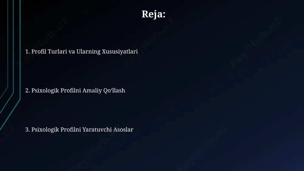 глар томонидан 5 йиллик тадқиқот асосида аниқланган. jinoyatchilarning tipik xususiyatlari jinoyatchilarning 30% ga yaqini 25-35 yosh oralig'ida bo'lib, toshkent kabi yirik shaharlarda yashaydi va oldin ham huquqbuzarlik sodir etgan bo'lishi mumkin. zo'ravonlik jinoyatlarining 45% ga yaqini agressiv shaxsiyat tuzilishiga ega bo'lgan shaxslar tomonidan, farg'ona vodiysida kabi qashshoqlik darajasi yuqori bo'lgan hududlarda sodir etiladi. kelajakdagi tendentsiyalar ўзбекистондаги психологик профиллаштириш соҳасидаги мутахассислар сони 2025 йилгача 2 баравар кўпайиши ва 500 нафарга етиши кутилмоқда, бу эса малака ошириш дастурларининг ривожланиши билан боғлиқ. биометрик маълумотларни психологик профиллаштиришда қўллаш, масалан, юз танишлик тизимлари орқали, 2028 йилгача тошкент шаҳридаги жиноят ишларини тергов қилиш самарадорлигини 15% га ошириши мумкин. kuzatuv metodlari кузатув методлари орқали шахснинг 5та асосий хусусияти (масалан, экстраверсия, нейротизм)ни аниқлаш учун тошкент шаҳридаги 100 нафардан ортиқ иштирокчилар билан психологик тадқиқот ўтказилган. кузатув давомида 30 тадан ортиқ новербал сигнал, мимика ва гавда тили элементлари қайд этилиб, психологик профиллаштиришда уларнинг samarqand вилоятидаги жиноят ишларидаги самарадорлиги ўрганилган. testlar …
