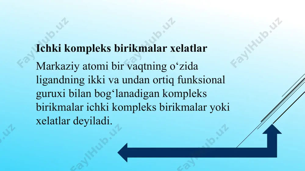 ning o‘ziga xos tabiatini belgilovchi funksional guruhlar bilan barqaror komplekslar hosil qiladi. natijada bu moddalar o‘z faolligini kamaytiradi yoki mutloq yo‘qotadi. tibbiyotda ishlatiladigan antidotlarga misol tariqasida quyidagilarni keltirish mumkin: kompleksonlarni ishchi eritma sifatida ishlatishga asoslangan aniqlash usuliga kompleksonometriya usuli deb aytiladi. hozirgi vaktda 80 dan ortiq kimyoviy elementlarning kompleksonometrik usul bilan aniqlash mumkin. e`tiborigiz uchun rahmat image1.png image2.png image3.emf image4.png image5.emf image6.emf image7.png image8.emf image9.emf image10.emf image11.emf image12.emf image13.emf image14.png image15.png /docprops/thumbnail.jpeg