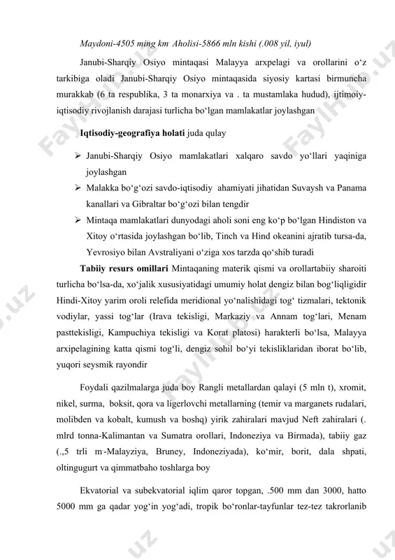 llaydi, asosan qattiq va qizil daraxtlardan (yang, tik, takyan va boshq) palma, bambuk kabilardan iborat dengiz qirg‘oqbo‘yi va ichki suvlarida baliq va boshqa dengiz mahsulotlari serob, aholi oziq-ovqat ratsionida katta o‘rin tutadi aholisi janubiy-sharqiy osiyo mamlakatlari aholisi uchun etnik xilma-xillik xos bo‘lsa-da, keyingi chorak asrdan ortiq vaqt mobaynida murakkab milliy-etnik muammolarning yechimida sezilarli yutuqlarga erishildi tailand va birmada eng yirik siam (tay) va birma (90% dan ortiq) xalqlari negizida millatlar shakllanmoqda, ularning tili davlat tilidir fillippinda eng ko‘p “tekislik xalqlari”-tagal tili, idoneziyada kichik xalqlar malayya tilida gaplashadi va ularga davlat tili maqomi berilgan singapur g‘oyat ko‘p xalqlar (qo‘shni davlatlardan) to‘plangan hudud bo‘lib, xitoy tili va ingliz tillari rasmiy davlat tilidir bu jarayon diniy xilma-xillik va animistik qarashlar bilan yanada ayqash-uyqash bo‘lib ketgan tabiiy o‘sish sur’atlari yuqori, .,6-3,7%ni tashkil qiladi aholi juda notekis joylashgan, tog‘li hududlar, kichik orollardan . km. ga 3-5 kishidan to daryo vodiylari va deltalarida 500-600 kishi va …