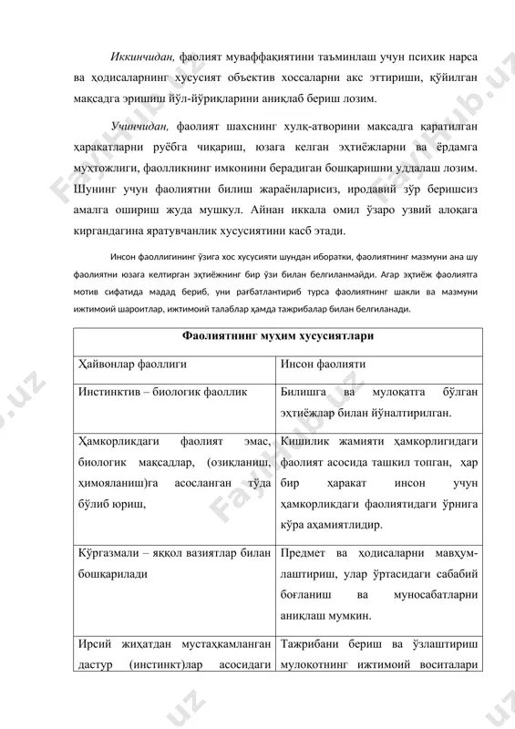 масалан, дастгоҳни очлик эҳтиёжини қондириш учун бошқармайди. инсон фаолиятининг мазмуни жамият талаб қиладиган бирон маҳсулотни тайёрлаш мақсади билан белгиланади. фаоллик манбаи бўлган фаолият яхши англаб олинган мақсад билан белгиланади. юқоридаги жадвалда инсон фаолияти билан ҳайвонлар ҳатти-ҳаракати ўртасидаги фарқлар акс эттирилган. фаолият фаолликни англаб олинган мақсад билан бошқаради. фаолиятни англаш қандай даражада бўлмасин мақсадни англаш ҳамма вақт ҳам зарурий белги сифатида қолаверади. фаолиятнинг интериоризацияси ва экстериоризацияси. ташқи оламда турли ҳодисалар маълум даражада ўзаро доимий боғлиқликка, маълум шароитларда намоён бўладиган бирор мустаҳкам хусусиятга ва тузилишга эгадир. объектлар билан ҳодисалар ўртасидаги бундай барқарор (инвариант) муносабатларни объектларнинг муҳим хусусиятлари деб юритилади. бу уларнинг келажакда қай даражада ўзгариши ва шу мақсадга мувофиқ иш тутиш, яъни объект ва ҳодисаларнинг “хатти-ҳаракатлари”ни олдиндан кўра олиш имкониятини беради. ташқи, яъни буюмлар билан қилинадиган бундай ҳолда гуё ички, яъни илдам фаолиятни олдиндан пайқаб олинади. объект (нарса) устида қилинадиган конкрет ишлар бу объектларнинг муҳим хусусиятлари устида қилинадиган операциялар билан, яъни идеал …